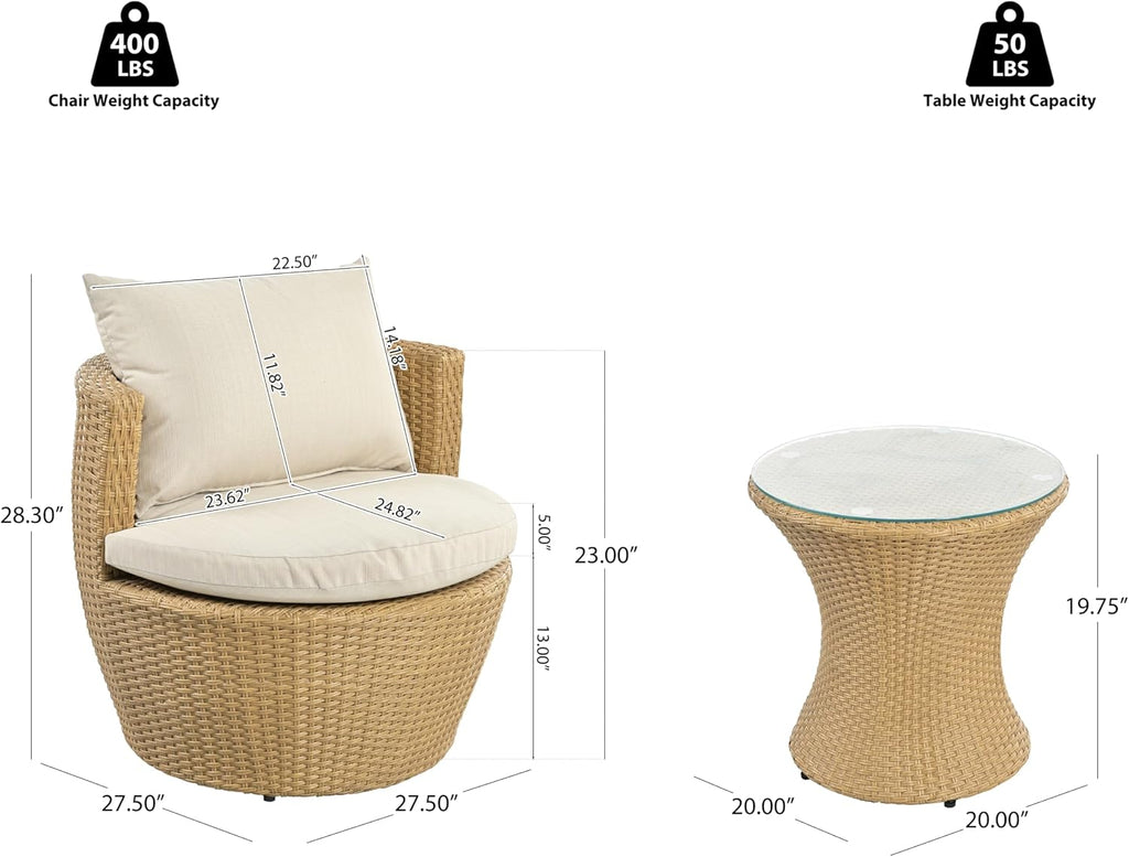 Christopher Knight Home Dessa Patio Conversation Set, Wicker Rattan Club Chairs, Wicker End Table, Accent Chair with Cushions, Mirror Table Top, Conversation Set for Backyard Poolside, Light Brown