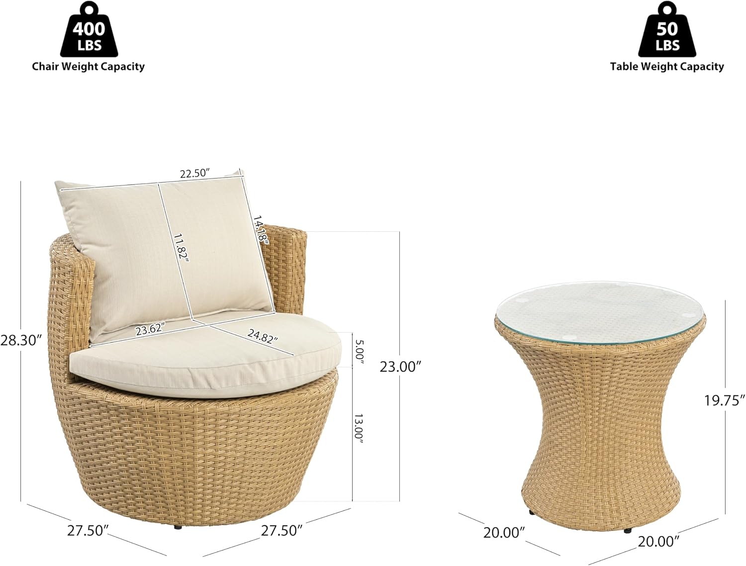 Christopher Knight Home Dessa Patio Conversation Set, Wicker Rattan Club Chairs, Wicker End Table, Accent Chair with Cushions, Mirror Table Top, Conversation Set for Backyard Poolside, Light Brown
