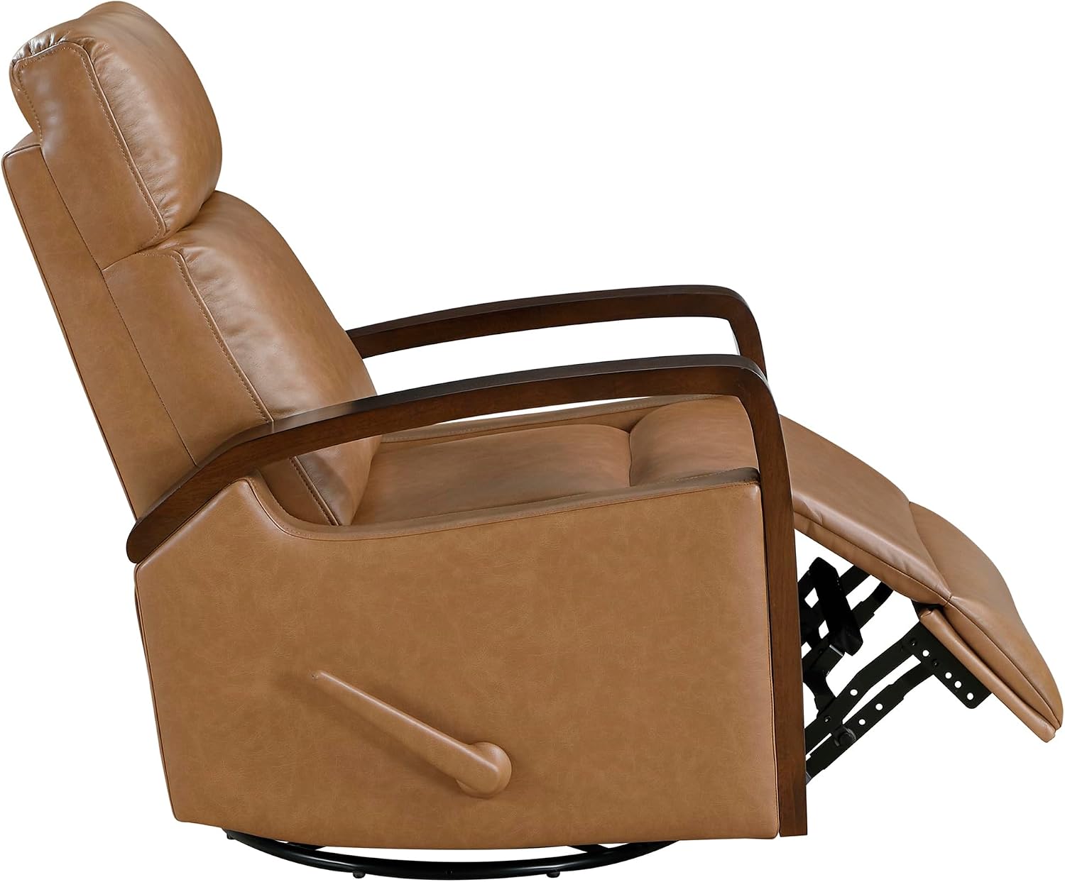 Lexicon 360 Degree Swivel Glider Reclining Chair, Breathable Faux Leather Manual Recliner, Comfy Nursery Glider Recliner, Wood Arms, Pull Handle for Living Room/Office/Bedroom/Apartment, Camel Brown