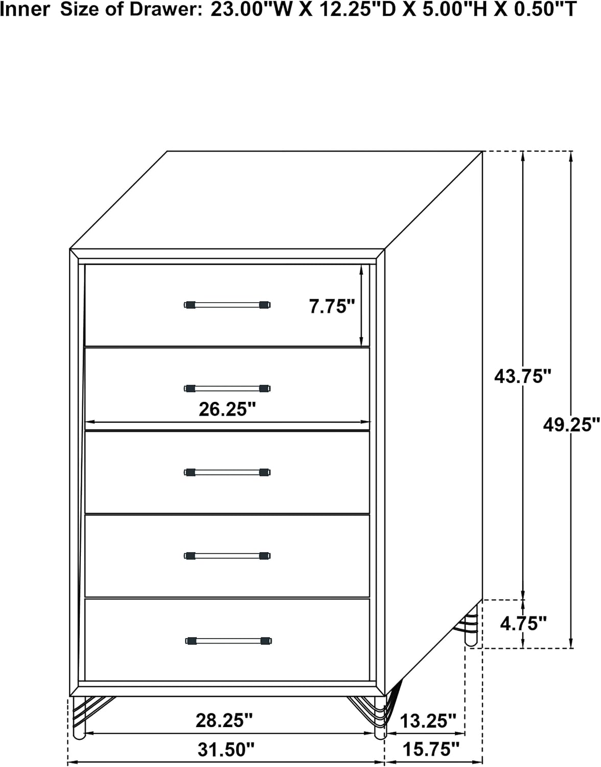 Coaster Home Furnishings - Lucia - Wood & Metal - 5-Drawer Chest with Chrome Trim, Hairpin Legs and Bar Pulls - Modern Classic - Bedroom - Black - 224995