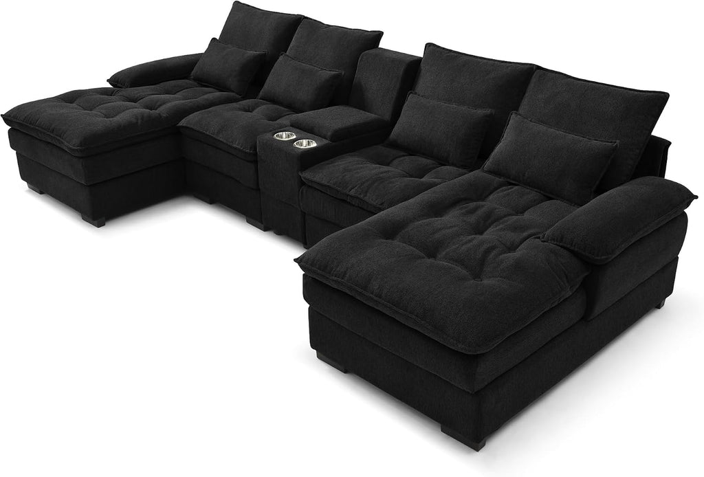 KEIKI 6 seat U-Shaped Sofa with Storage Console, Cup Holders, 130' Upholstered Sectional Sofa, Button Tufted Cloud Cushion Couch for Home, Office, Black