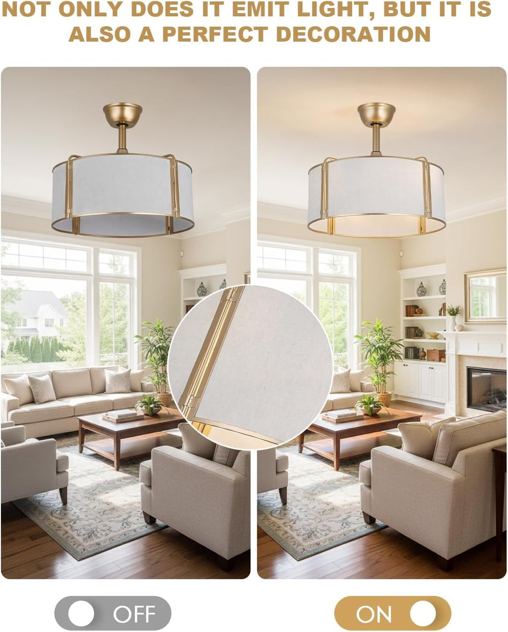20' Gold Caged Boho Fandelier Ceiling Fan with Light, Bladeless Flush Mount Chandelier Fan with Remote Control, 6 Speeds Quiet Reversible Motor for Bedroom, Nursery, Foyer, Dining Room, Living Room