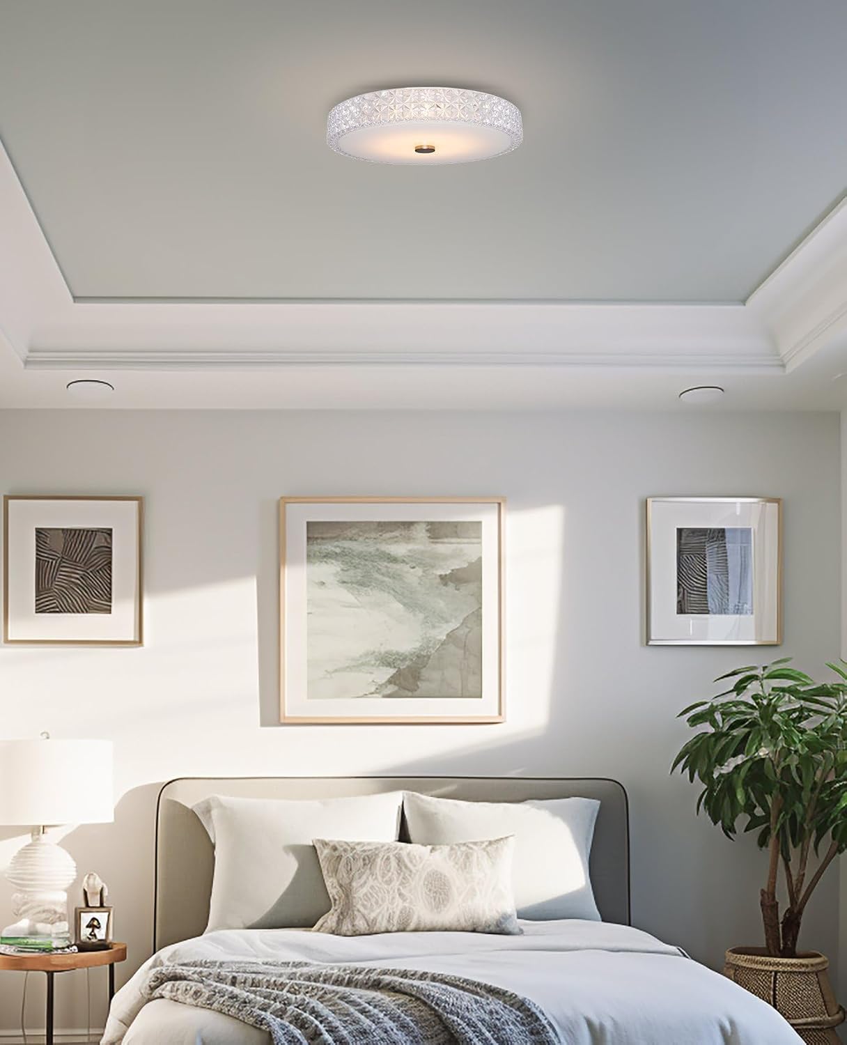 Kira Home Maxine 15' Modern Integrated LED Crystalline Flush Mount (25W), 3000K Warm White Light Low-Profile Clear Crystal Ceiling Light with Heavy Frosted Glass Diffuser, White Finish