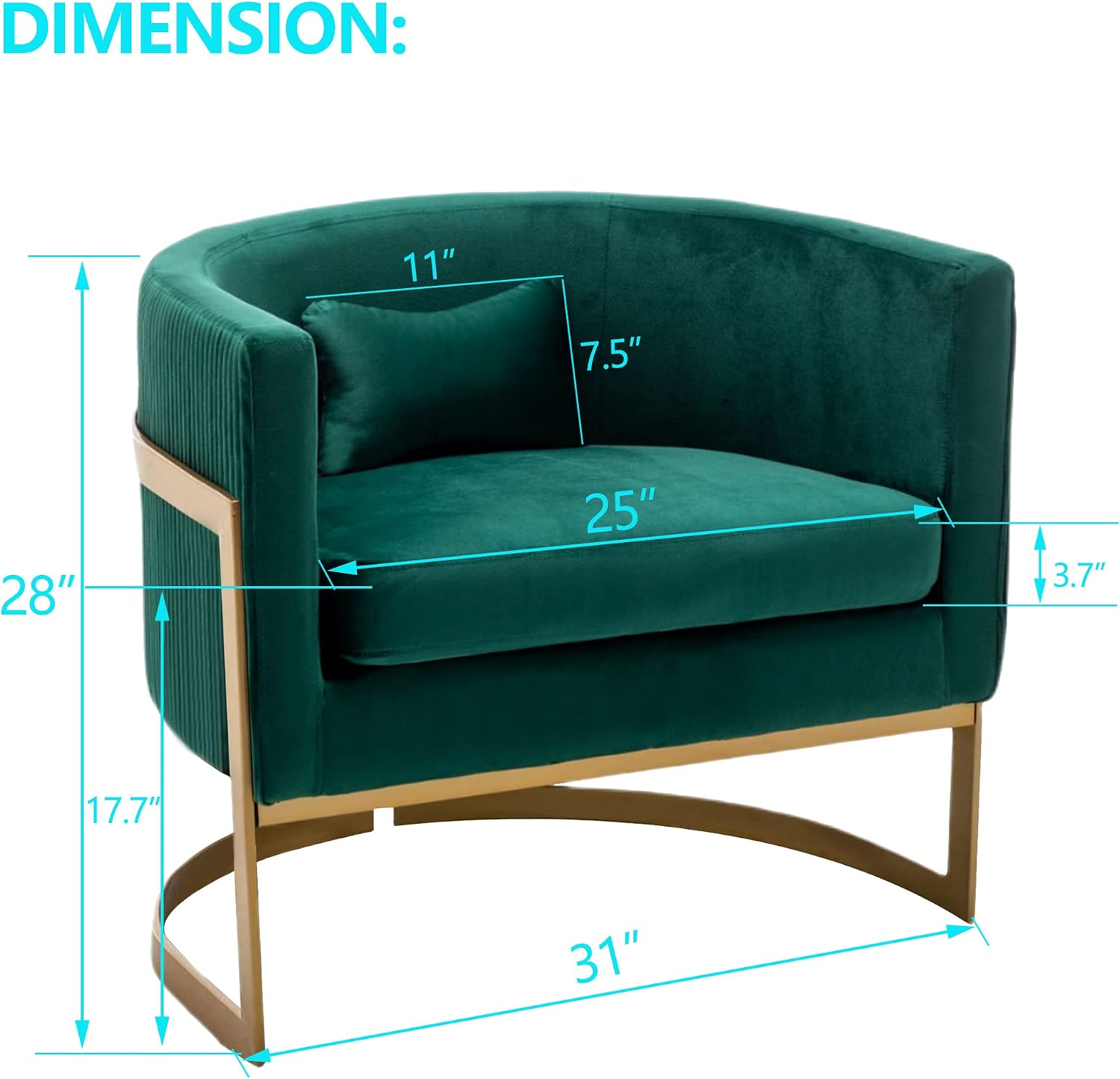Velvet Accent Chair Green Modern Upholstered Barrel Chair, Wide Arm Chairs for Living Room Bedroom Club Side Chairs with Gold Legs