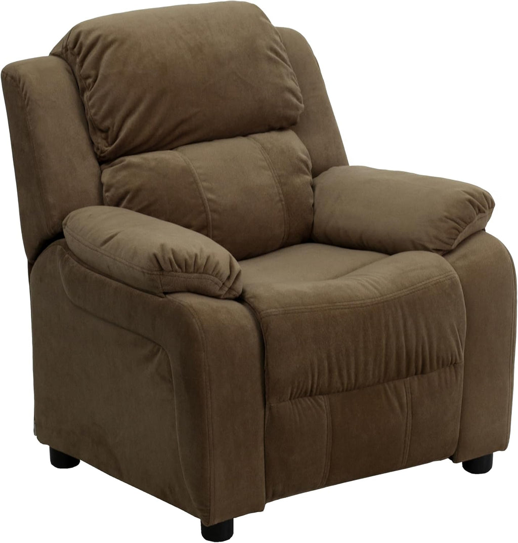 Flash Furniture Charlie Microfiber Kids Recliner with Flip-Up Storage Arms and Safety Recline, Contemporary Reclining Chair for Kids, Supports up to 90 lbs., Brown
