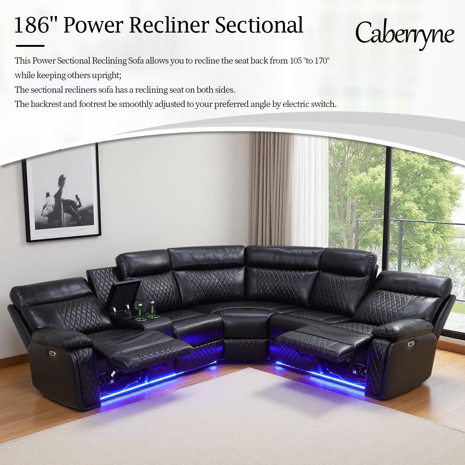 Power Recliner Sofa Sectional Couch with LED Light for Living Room,Leather Reclining Corner Sectional Sofa with 2 Recliner Seats,Cup Holder,Storage Console for House/Home Theater, Black