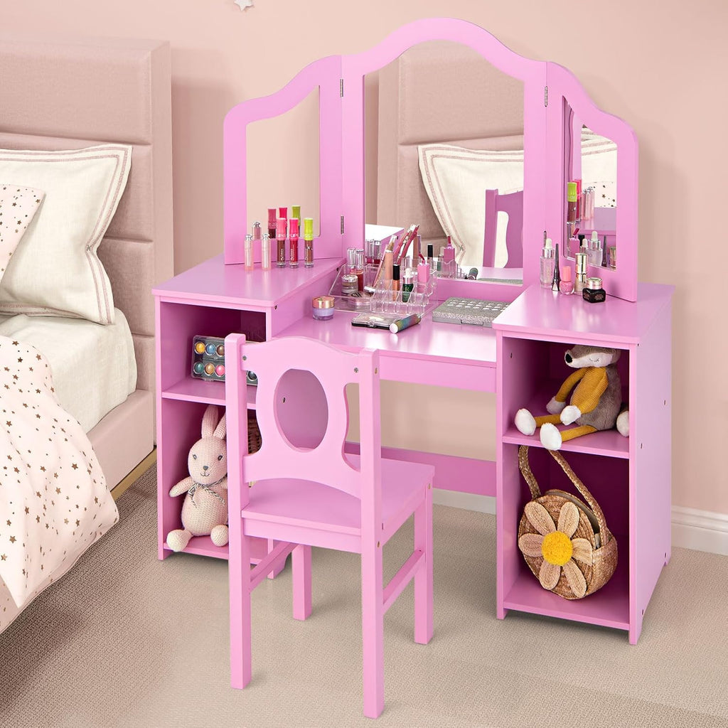 AKUSTIK Kids Vanity, 2 in 1 Pink Wooden Dressing Table and Chair Set for Toddlers with Tri-Folding Detachable Mirror, Storage Shelves, Pretend Princess Beauty Make Up Play Set for Little Girls