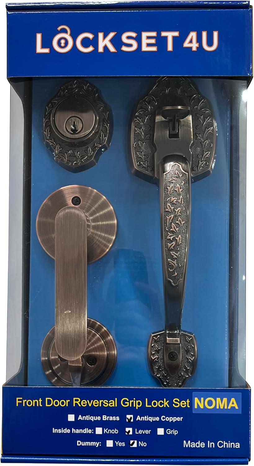 Noma Single Front Door Hardware Set, Grip Entry Door Lock Set with Lever Handle and deadbolt, Antique Copper