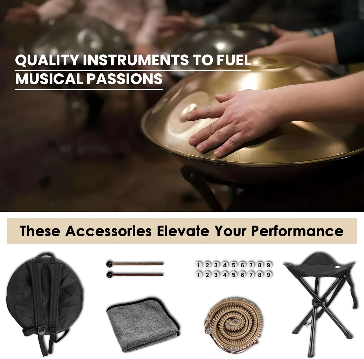 'SINGOFIRE' 12-Notes Handpan Drum, Handpan Drums for Adults, 22-Inch 440Hz D Minor Kurd, HandPan Instrument with Soft Handpan Bag, 2 Mallets, Handpan Stand and Dust-Free Cloth(Gold)