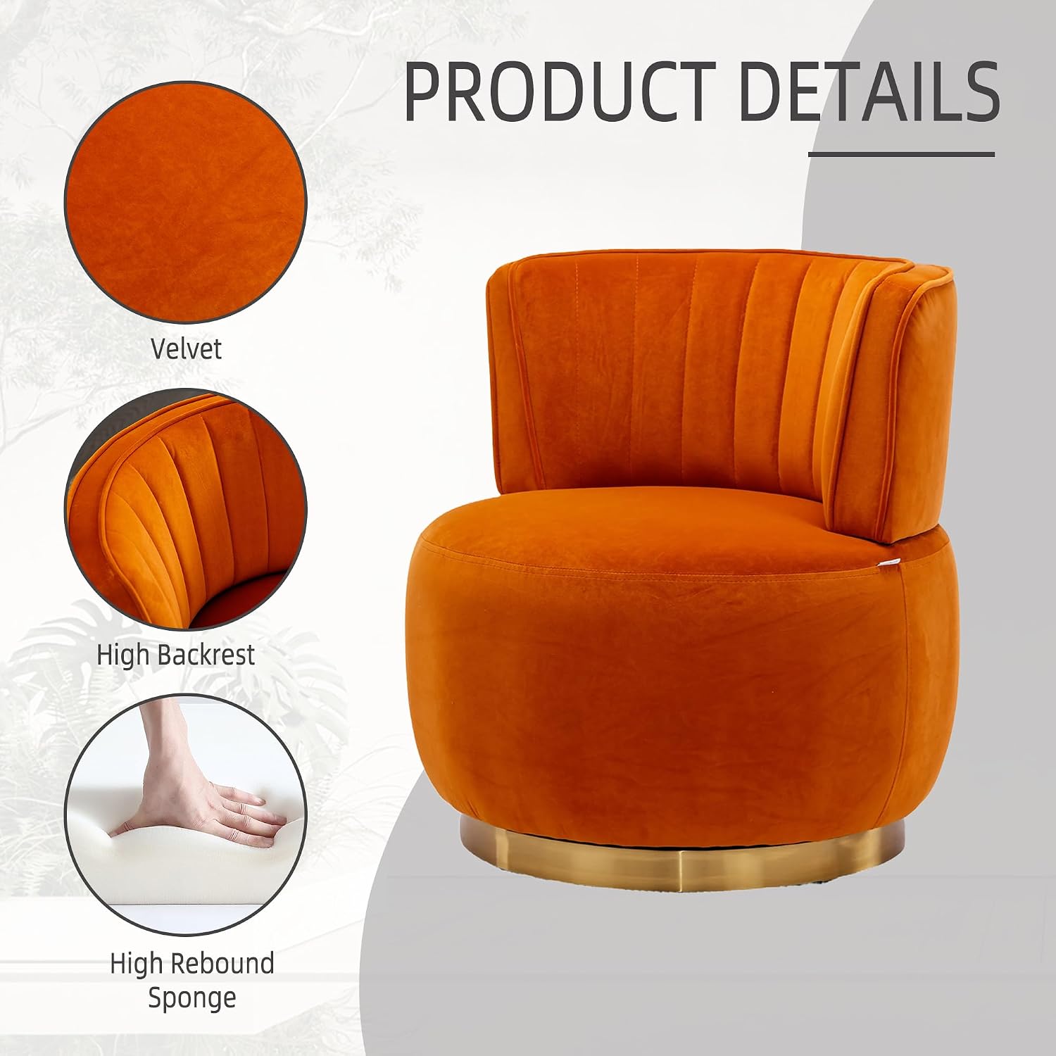 KEIKI Swivel Barrel Accent Chair, 360 Degree Rotating Upholstered Armchair with Velvet Fabric for Living Room, Office, Bedroom, Orange