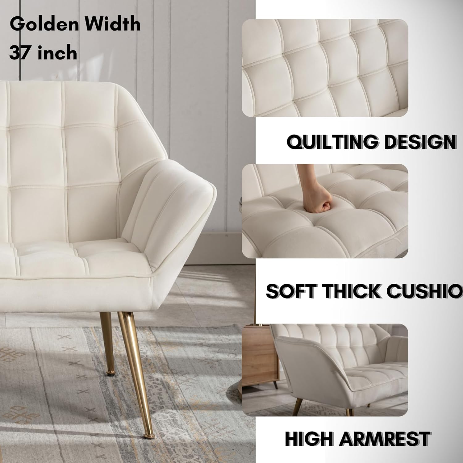 48'Small Loveseat Sofa, Modern Velvet Upholstered Mini Couch 2-Seater Fluffy Love Seat with Quilting Backs and Metal Legs for Small Space Living Room, Bedroom, Beige