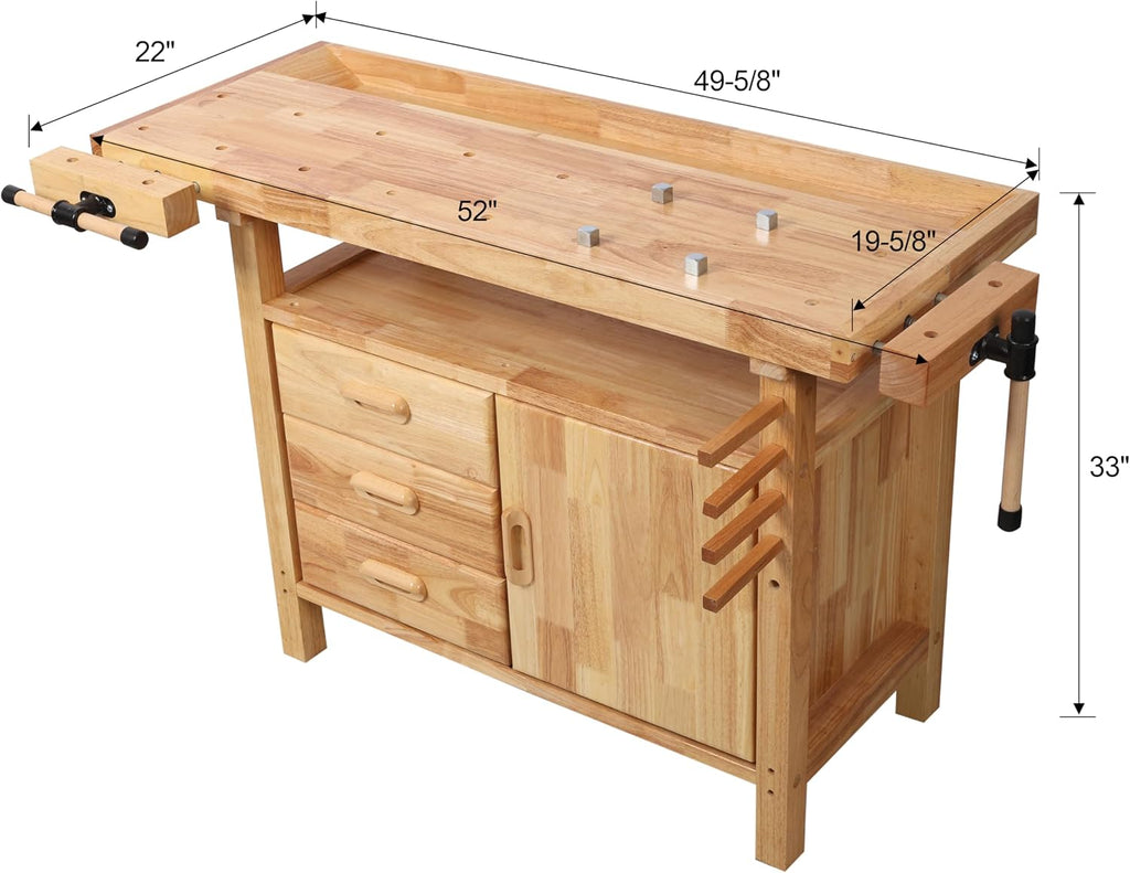Montary 50' Professional Rubberwood Heavy Duty Workbench with 3 Drawers, 1 Cabinet Door & Open Shelf Integrated Vises, Wood Work Bench for Garage, Woodworking Carpenter Workshop & Home Use