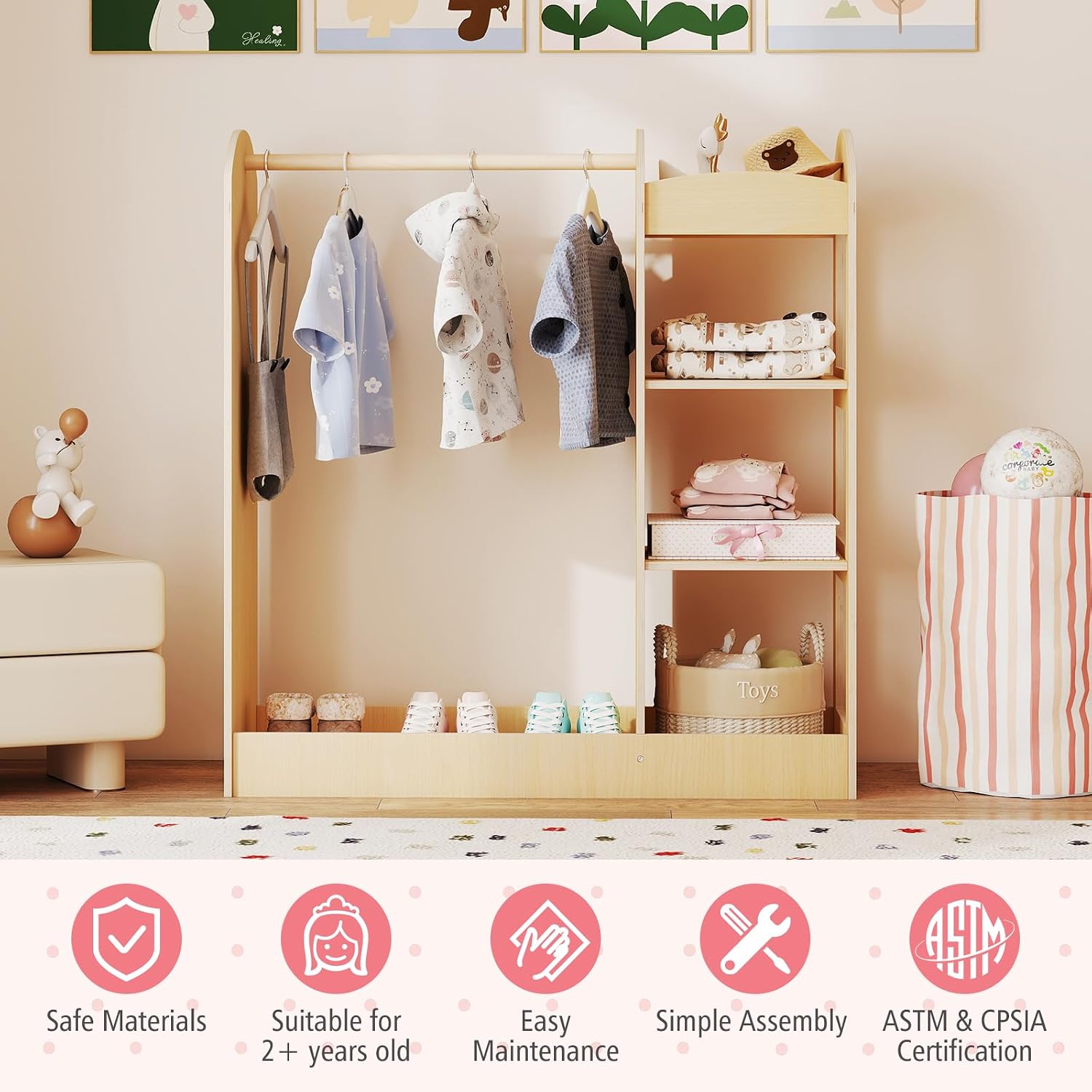 Costzon Kids Dress up Storage with Mirror, Clothes Rack, 3-Tier Shelves, Bottom Tray, Pretend Play Costume Dresser Organizer Center, Open Hanging Armoire Closet for Little Girls (Natural)