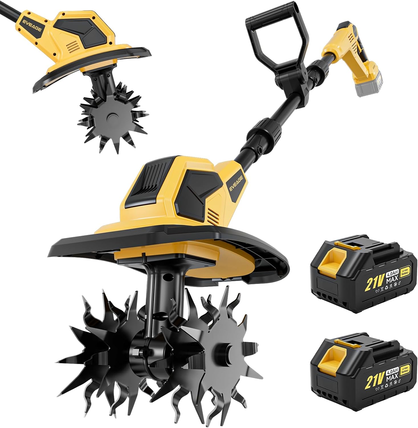 21V Cordless Tiller Cultivator, 2x4.0Ah Battery Powered Electric Garden Tiller, 360RPM Rototiller with 48 Steel Tines, 9.7' Width & 7' Depth, Lightweight Soil Tiller for Gardening