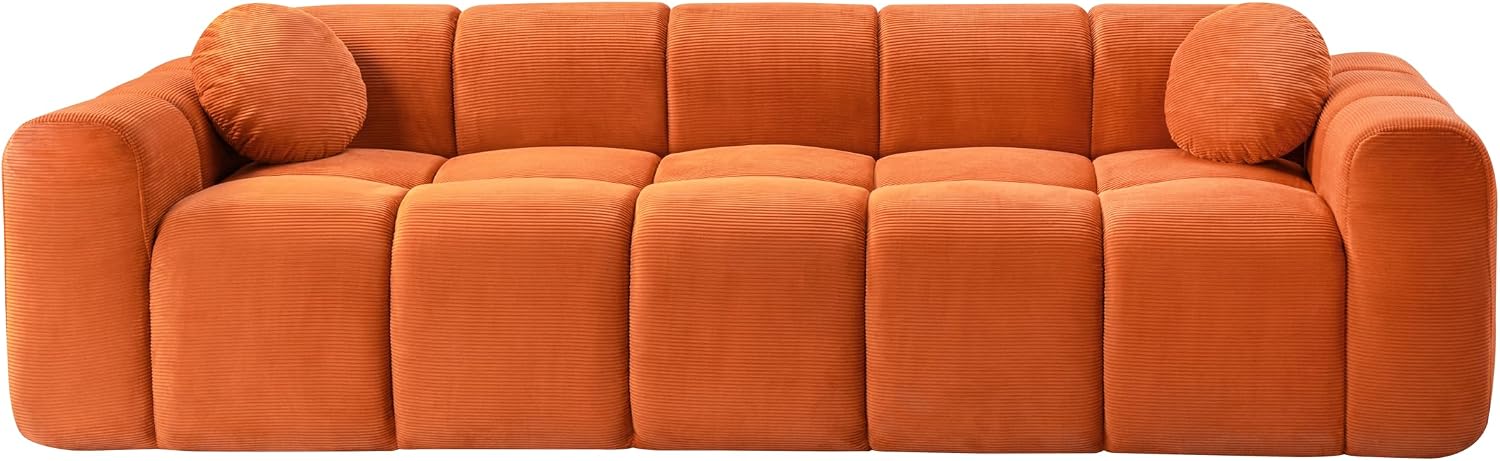 98.4-Inch Oversized Boneless Cloud Couches Deep Seat Foam Sofa Couch with 2 Round Toss Pillows, Luxury Corduroy Upholstered 3 Seat Tufted Loveseat, Cloud Sofa in a Box
