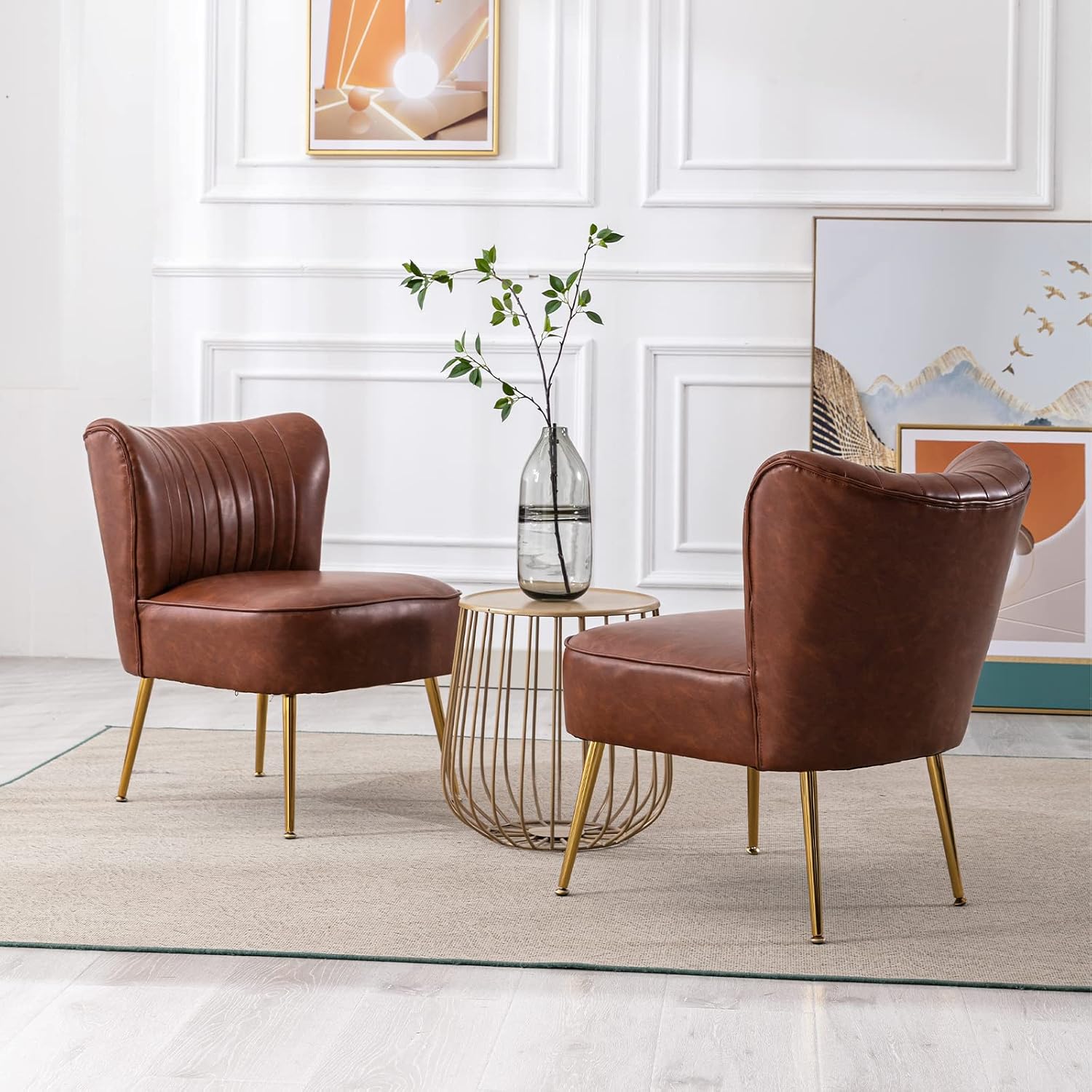 PU Leather Accent Chair Set of 2 - Comfy Armless Slipper Mid Century Side Chair With Golden Legs - Wingback Single Sofa for Living Room, Bedroom, Guest Room - Brown