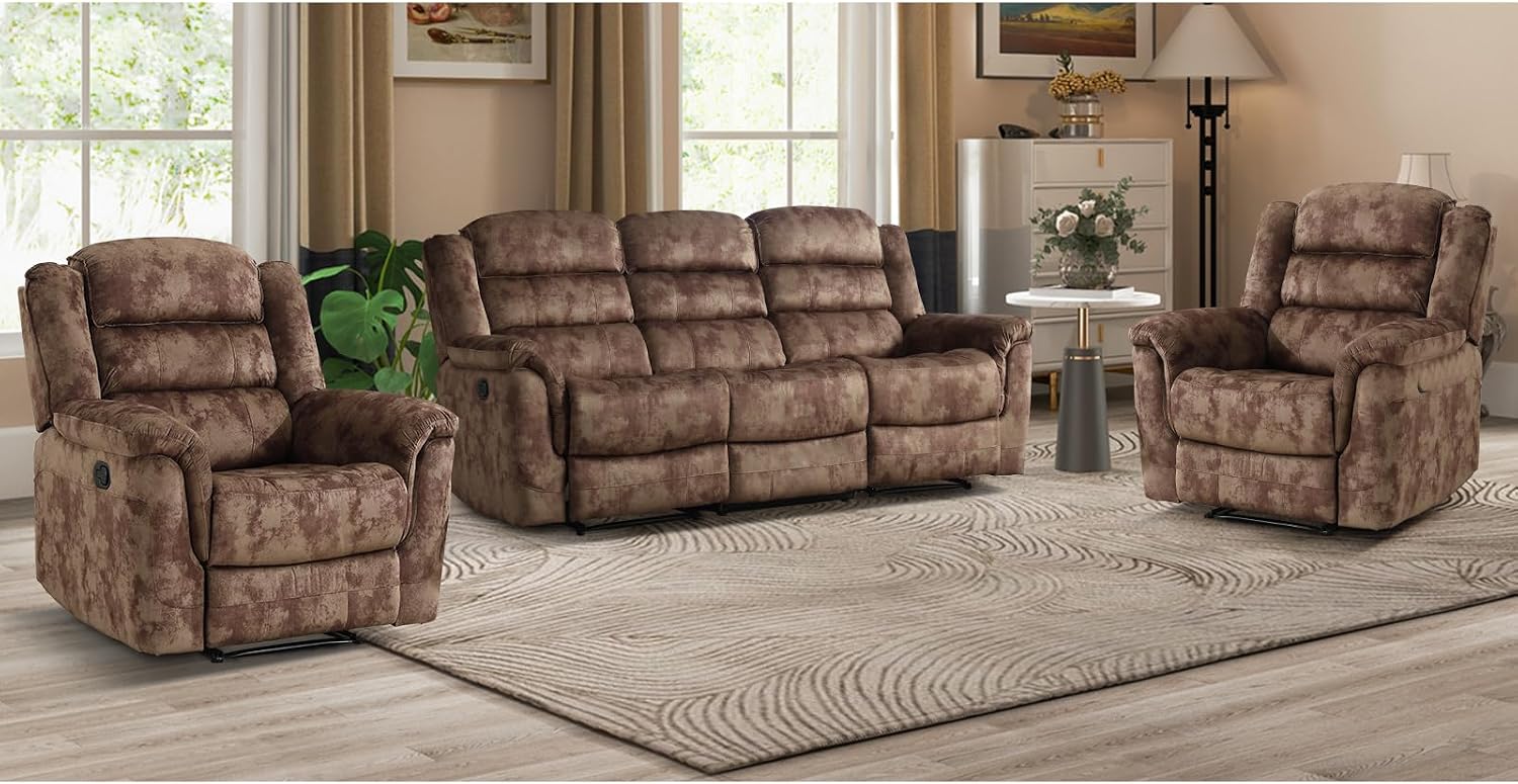 EBELLO 3 Pieces Reclining Living Room Set, Soft Fabric Manual Recliner Sofa Furniture Set, Includes 2 Overstuffed Recliner Chairs and one 3 Seat Sofa, Brown