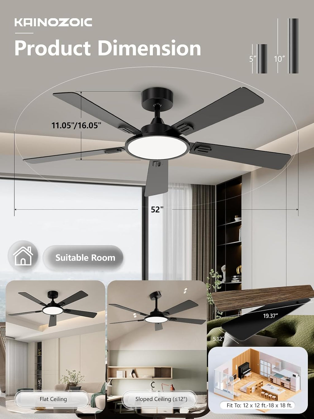 52 Inch Ceiling Fan with Light App&Remote Control Dual Finish Blades Flush Mount Dimmable LED Light Quiet Reversible Motor Black Ceiling Fan for Bedroom Living Room Apartment