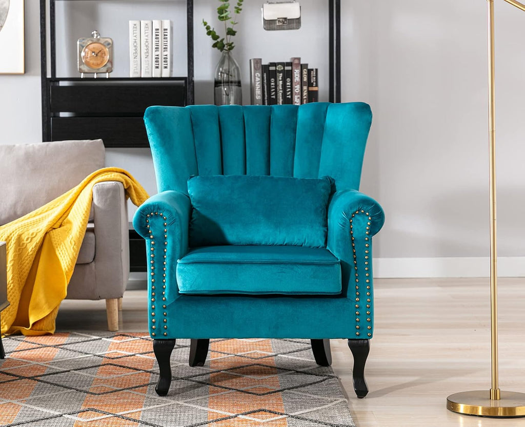 Kmax Teal Blue Accent Chair Velvet Wingback Chair with Pillow Nail-Head Channel Tufted Oversized Club Chair for Living Room Bedroom Guest Room