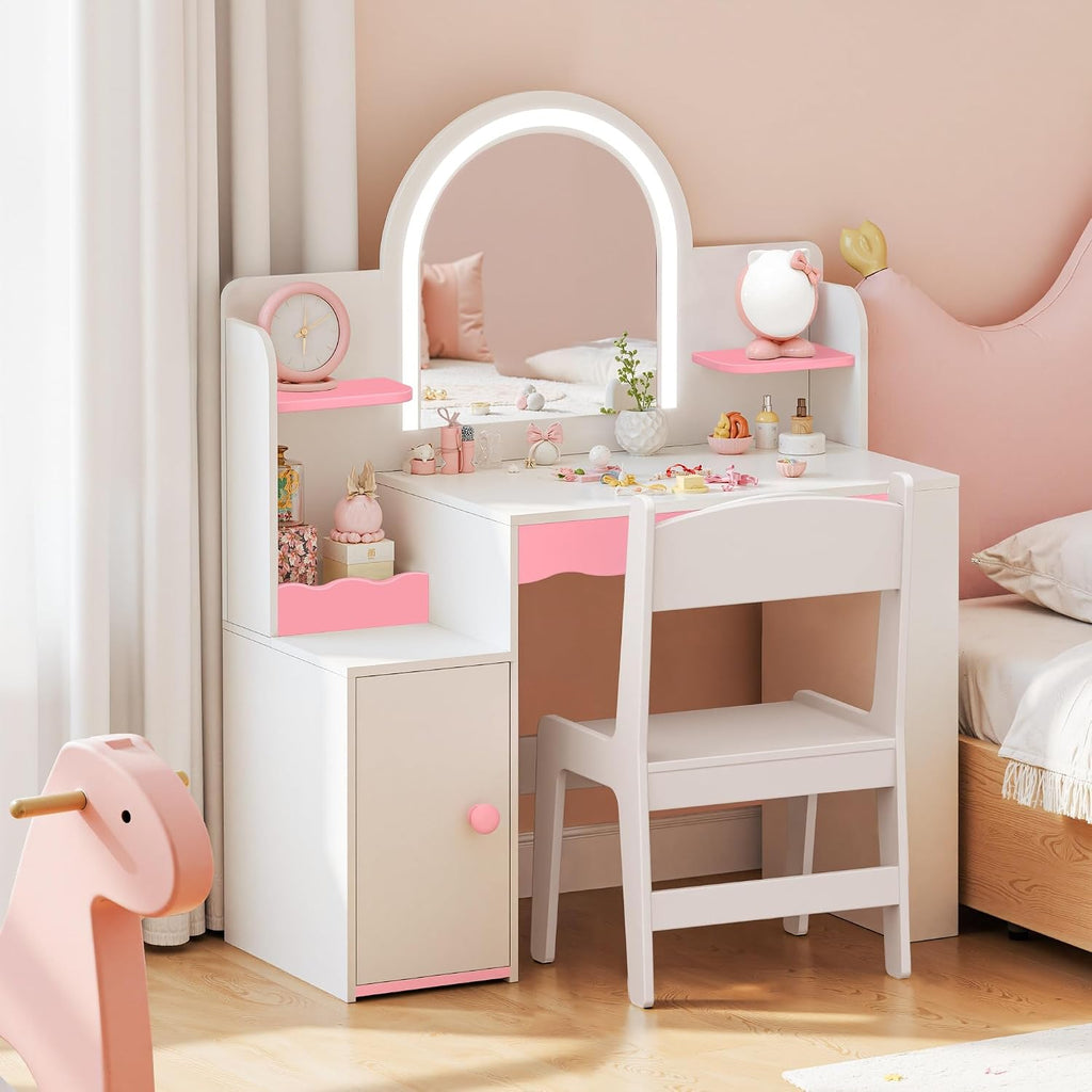 Kids Vanity with LED Mirror and Chair, Girls Vanity Set with Storage Cabinet and Shelves, Toddler Vanity Table and Chair Set for Bedroom Playroom, Pink and White Girl Vanity for Ages 3-8