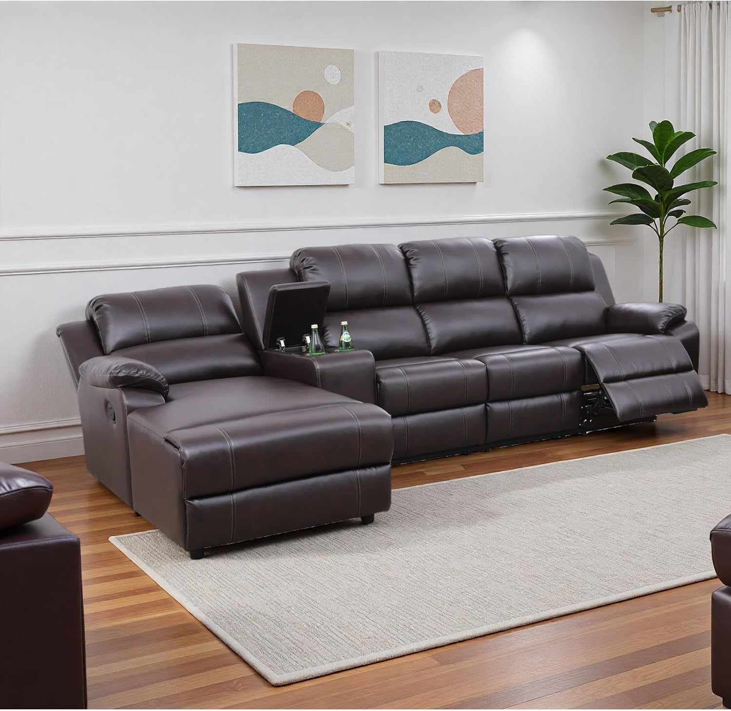 Recliner Sofa Set, Breathable Leather 3-Piece Reclining Couch Set, Living Room Furniture Set with Manual Recliners, Loveseat with Console, Cup Holders & Storage for Home Theater, Brown