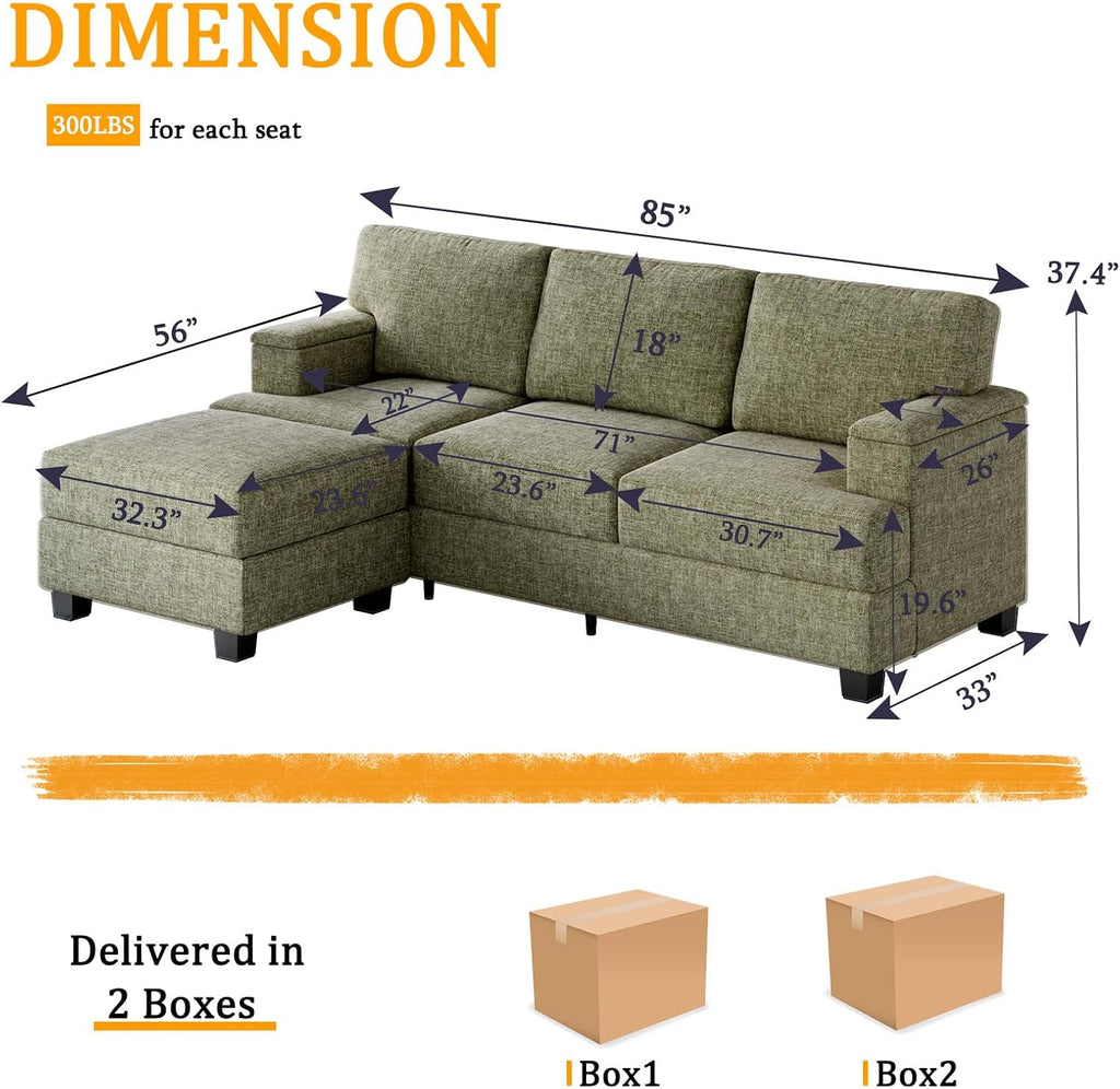 85'' L Shaped Couch with Armrest Organizer,3 Seats Sofas with Movable Ottoman,Comfy Sectional Sofa with Thick Cushion,Chenille Sectional Couches for Living Room,Bedroom,Apartment,Home Furniture,Green