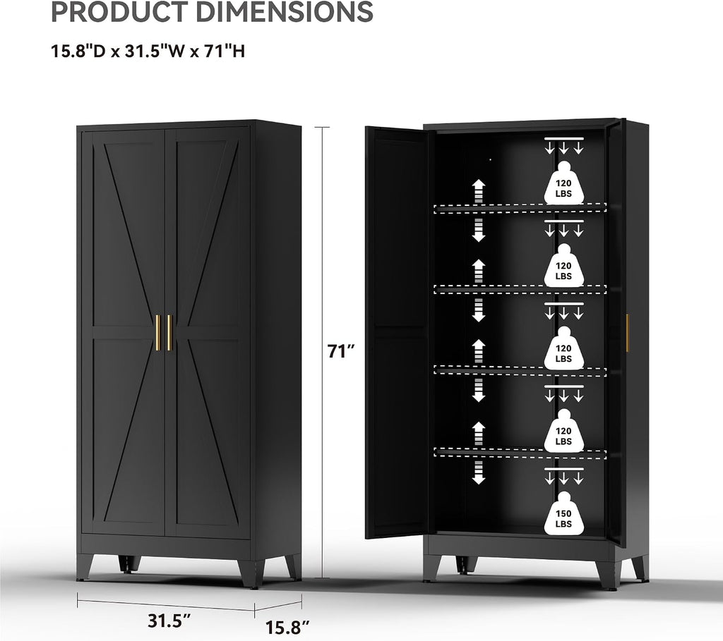 Farmhouse Pantry Cabinet with Barn Doors, 71' H x 31.5' W, 5-Tier Metal Storage Cabinet with 4 Adjustable Shelves for Kitchen Garage Dining Room, Black 1 Pack