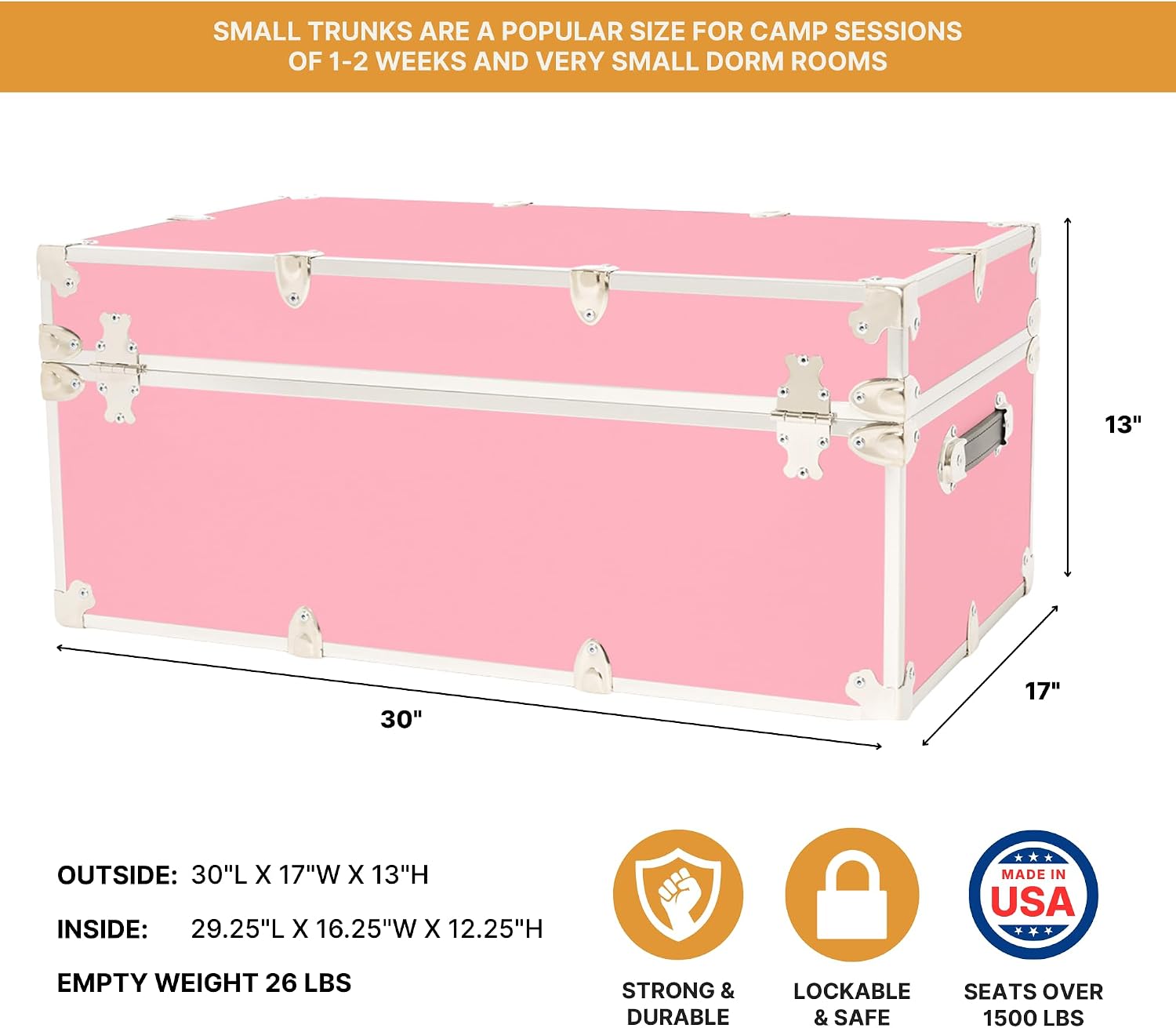 Rhino Trunk & Case Classic Camp & College Trunk with Wheels. 30'x17'x13', 1500+ lbs Capacity - Many Colors, Soft-Close Lid. Strong, USA Made Summer Camp Footlocker and Secure Dorm Storage Chest