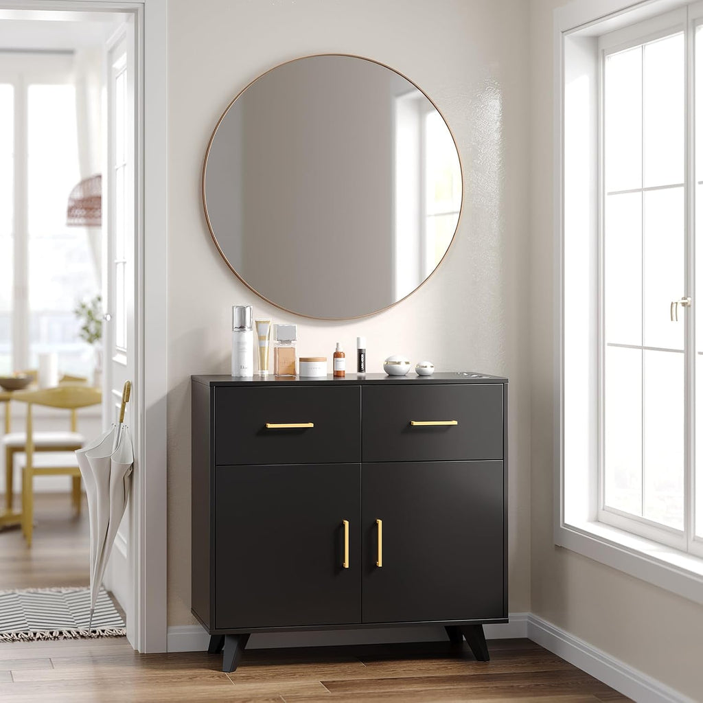 OmySalon Wall Mount Salon Station, Barber & Hair Stylist Station with Round Mirror, Hair Dryer Holders, Storage Cabinet & Adjustable Shelf, Beauty Spa Dresser, Black