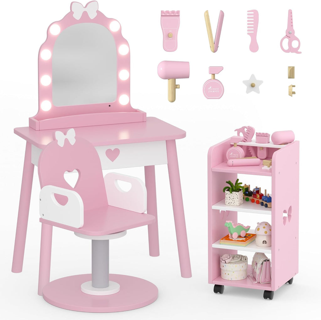 Wooden Kids Vanity Table and Chair Set with Light and Mirror, Princess Makeup Vanity Desk with Barber Chair and Rolling Cart, Pretend Hair Salon Play Set, Toddler Vanity Set for Girls, Pink