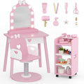 Wooden Kids Vanity Table and Chair Set with Light and Mirror, Princess Makeup Vanity Desk with Barber Chair and Rolling Cart, Pretend Hair Salon Play Set, Toddler Vanity Set for Girls, Pink