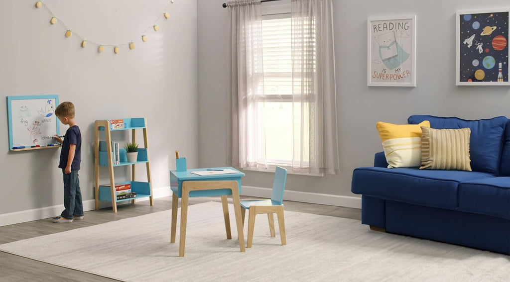 Humble Crew Kids Playroom Set, Desk and Chair with 3-Shelf Bookcase, Dry-Erase Whiteboard, & Markers, All-in-One Toddler Activity Table Set for Learning, Art & Organization