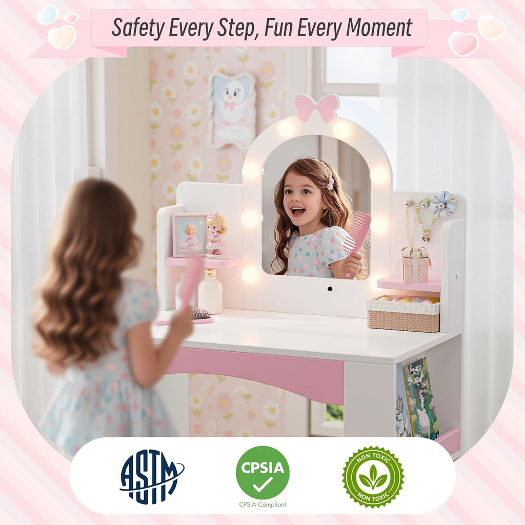 Girls Vanity with Lights, Kids Vanity Table and Chair Set for Princess, Toddler Makeup Vanity Desk with Open Bookshelf, Storage Cabinet & Side Shelves, Stools, White