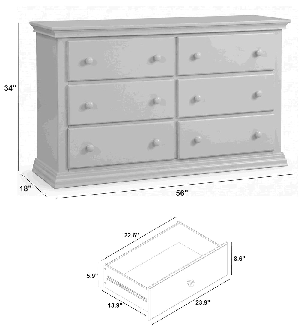 Suite Bebe Universal 6‑Drawer Hardwood Double Dresser, Fully Assembled Wooden Storage Chest with Anti‑Tip Kit for Nursery & Bedroom, Gray