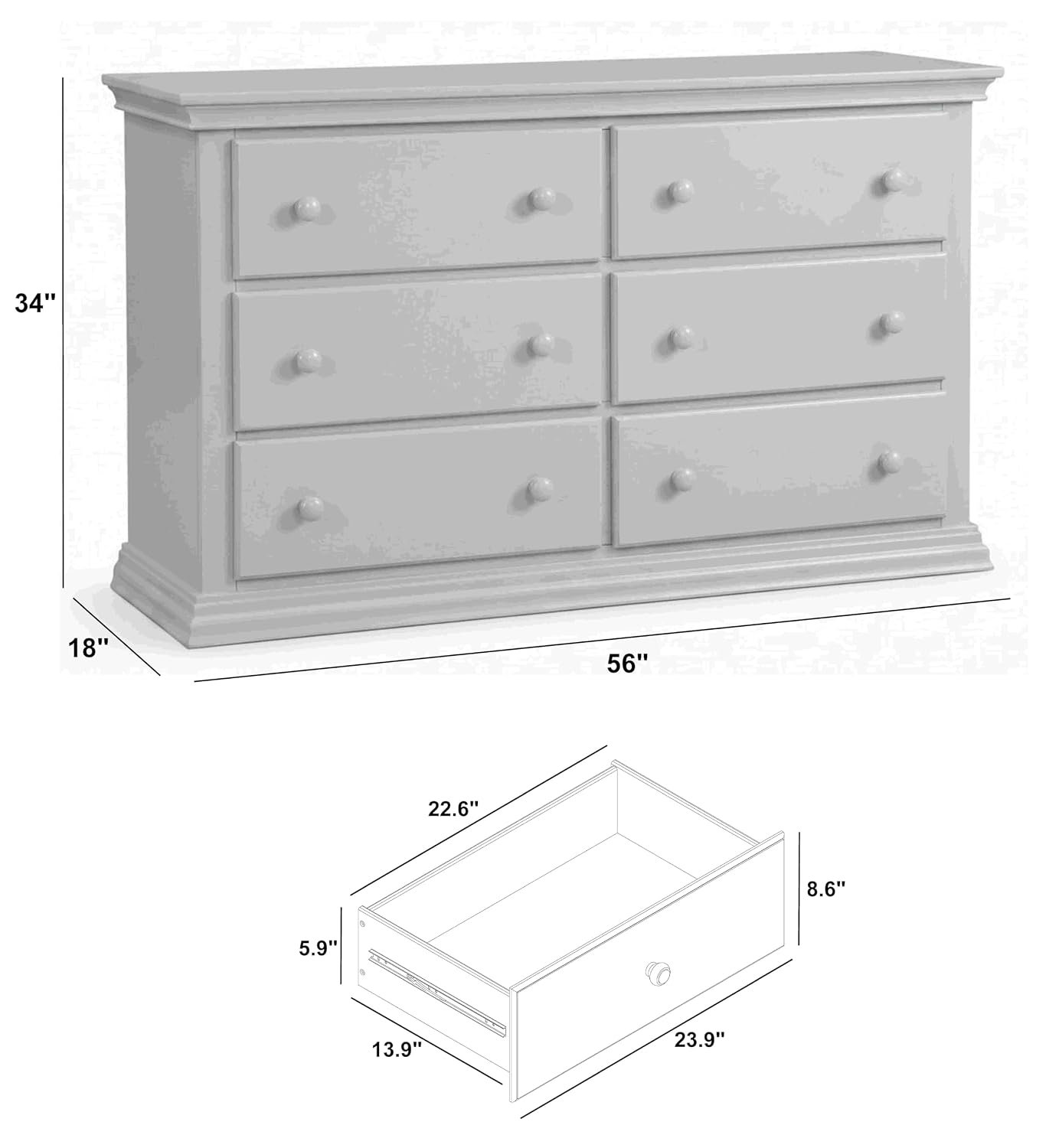 Suite Bebe Universal 6‑Drawer Hardwood Double Dresser, Fully Assembled Wooden Storage Chest with Anti‑Tip Kit for Nursery & Bedroom, Gray