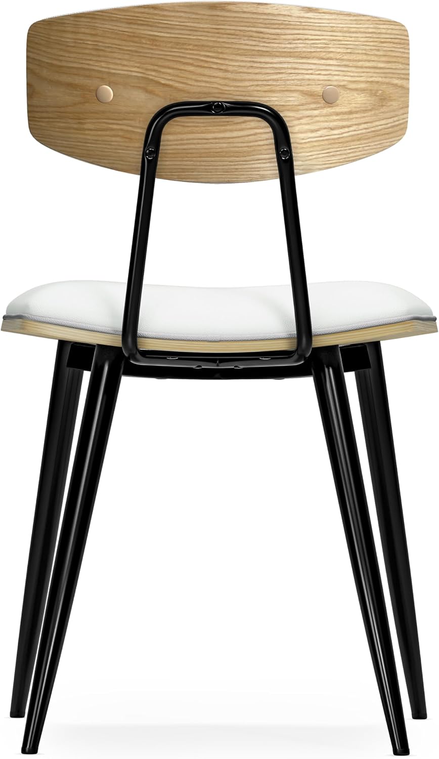 SIMPLIHOME Mavis Dining Chairs - Mid-Century Modern Iron Frame and Vegan Faux Leather Kitchen Chair Set in White, Dining Room Seating with Curved Wood Veneer Backrest and Padded Seat (Set of 2)