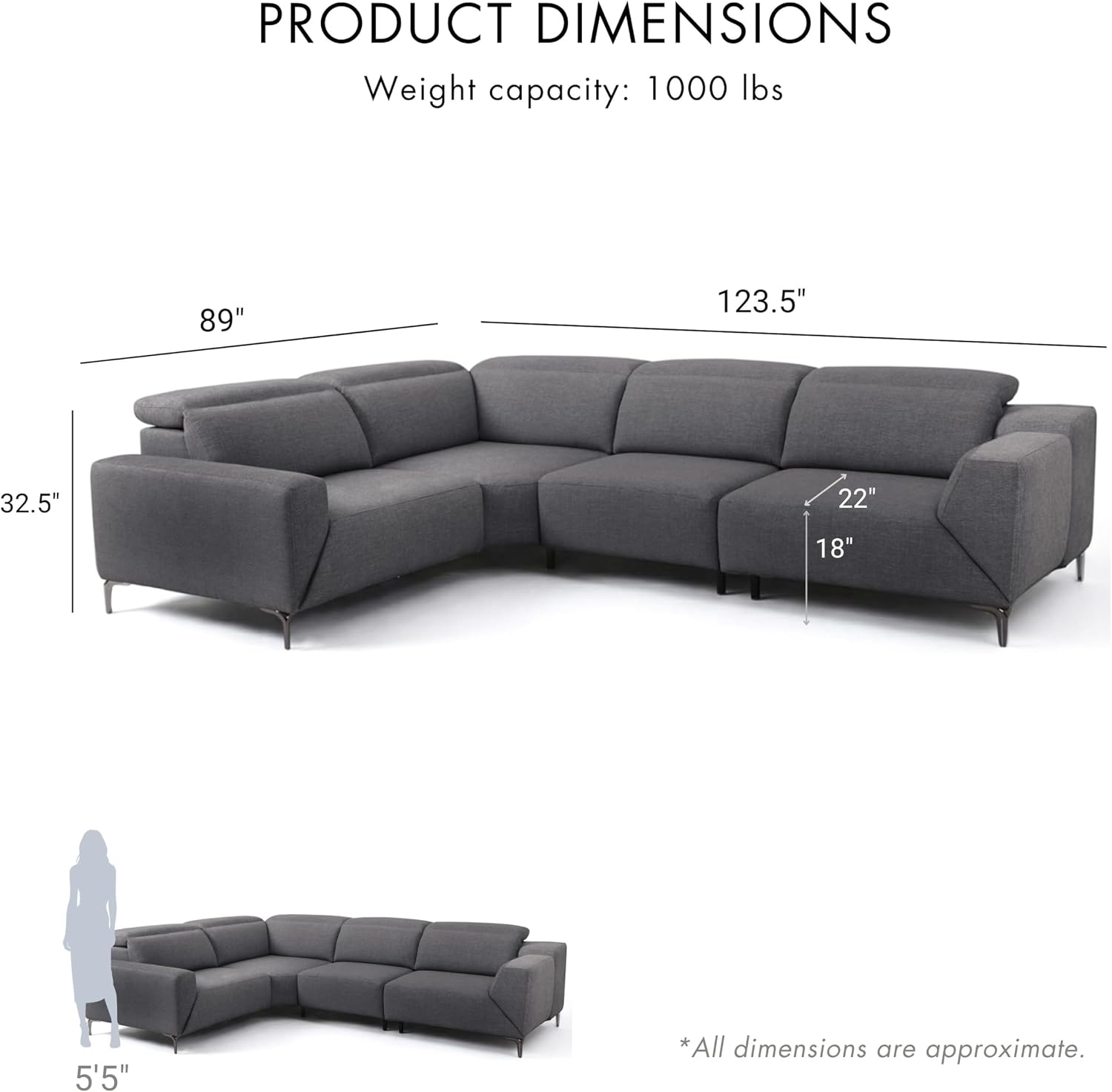 Furniture of America Kirel Modern Sectional Recliner with USB Ports, Adjustable Headrests and Swivel Armrest, Reclining Sofa, L Shape Couch for Living Room, Office, Home Theater, Playroom, Dark Grey