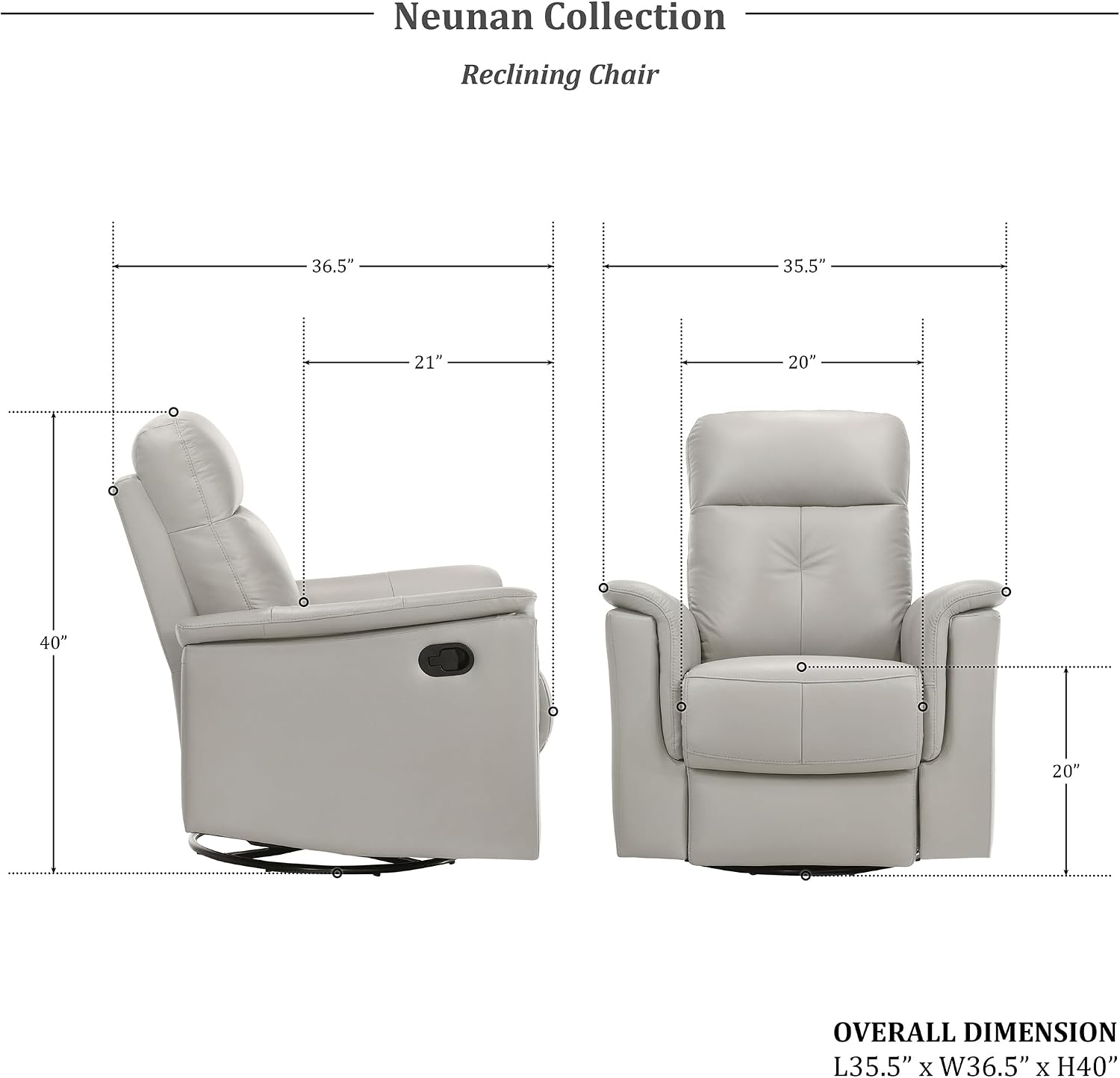 Lexicon Swivel Glider Recliner Chair, Comfy Nursery Glider, Top Grain Leather Match Recliner, Manual Reclining Chair for Living Room/Office/Apartment, Silver