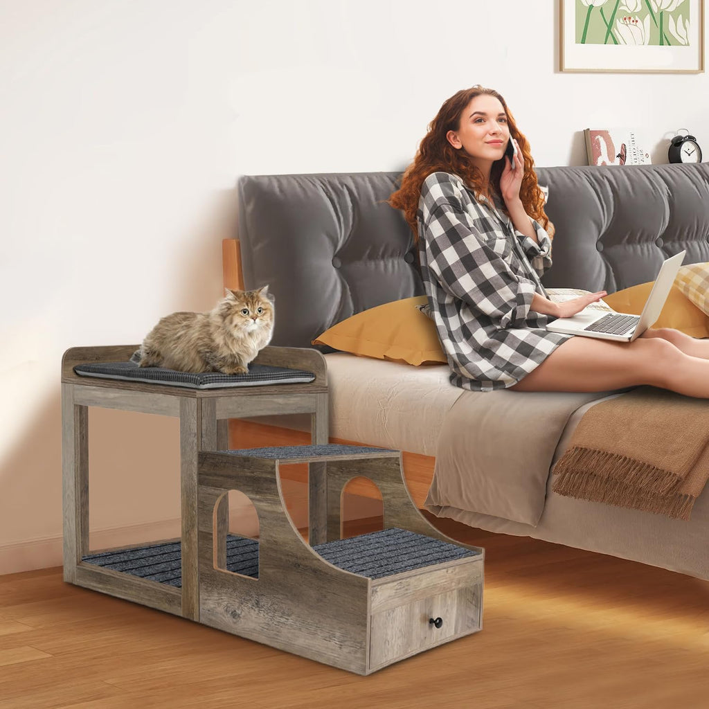 Pet Bunk Bed for Cats, Multi-Level Pet Window Perch Seat Platform with Removable Stairs and Mats for Cats and Dogs, Pet Bed Couch with Drawers for Bedside, Home, Indoor Use, Grey