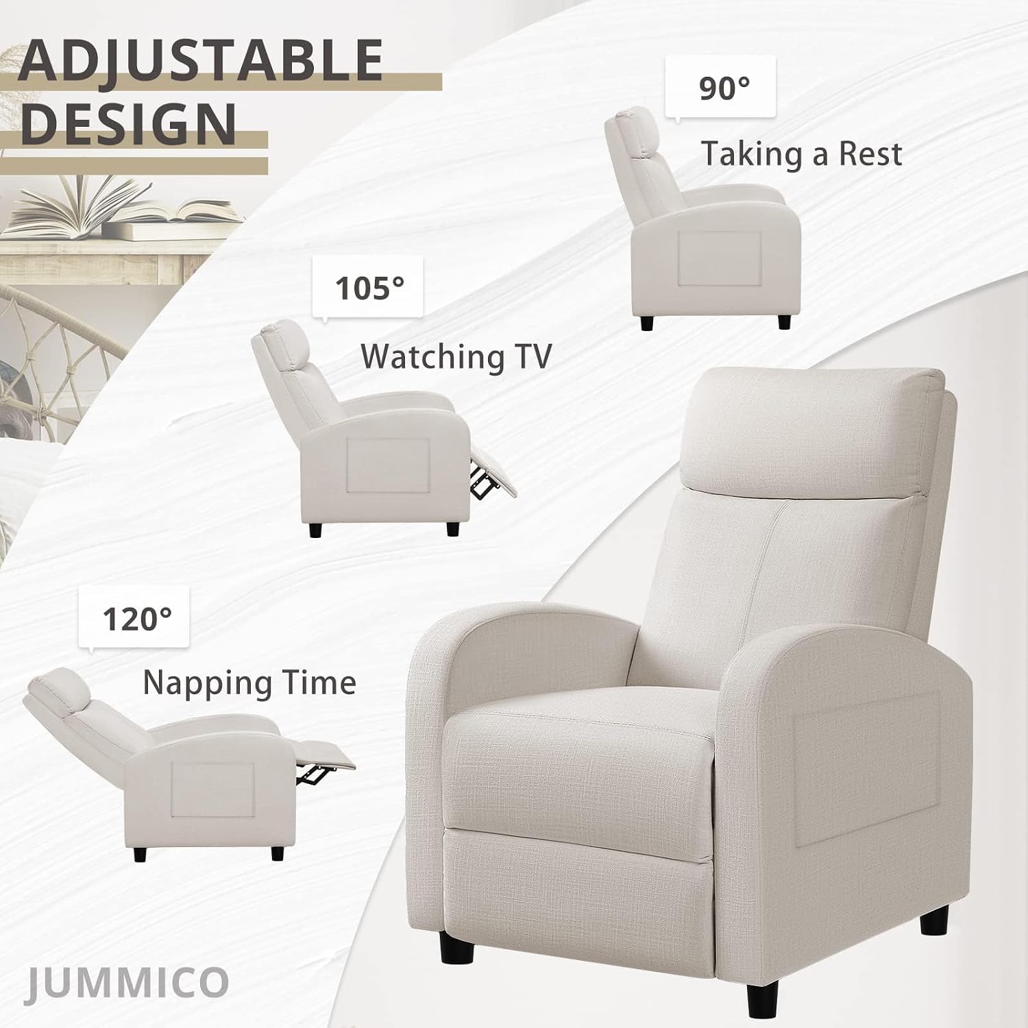 JUMMICO Recliner Chair Adjustable Home Theater Single Recliner Sofa Furniture with Thick Seat Cushion and Backrest Modern Living Room Recliners (Fabric, Beige)