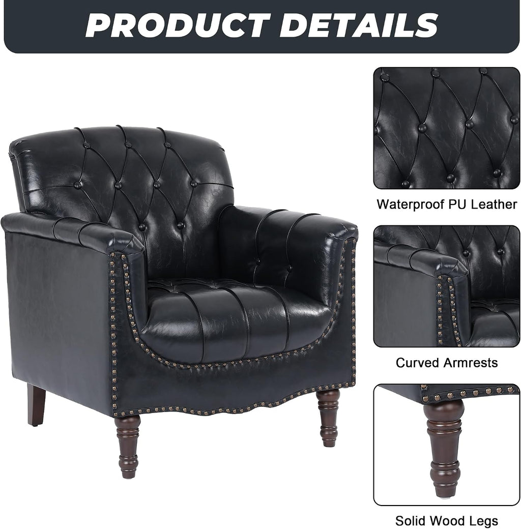Lumibee Faux Leather Armchairs, Contemporary Accent Chairs Set of 2 with Nailhead Trims & Wood Legs for Living Room, Upholstered Comfy Arm Chairs for Office,Bedroom-Blue Black