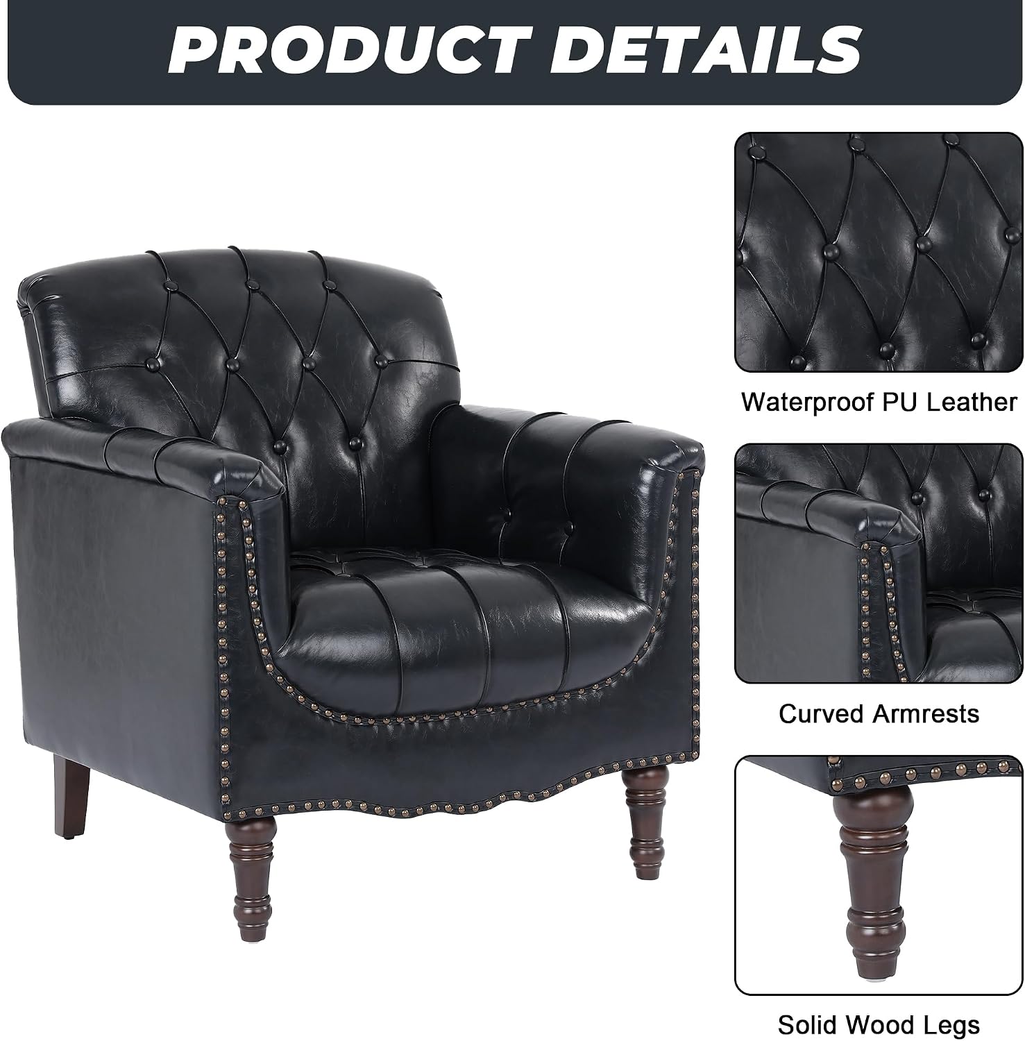 Lumibee Faux Leather Armchairs, Contemporary Accent Chairs Set of 2 with Nailhead Trims & Wood Legs for Living Room, Upholstered Comfy Arm Chairs for Office,Bedroom-Blue Black