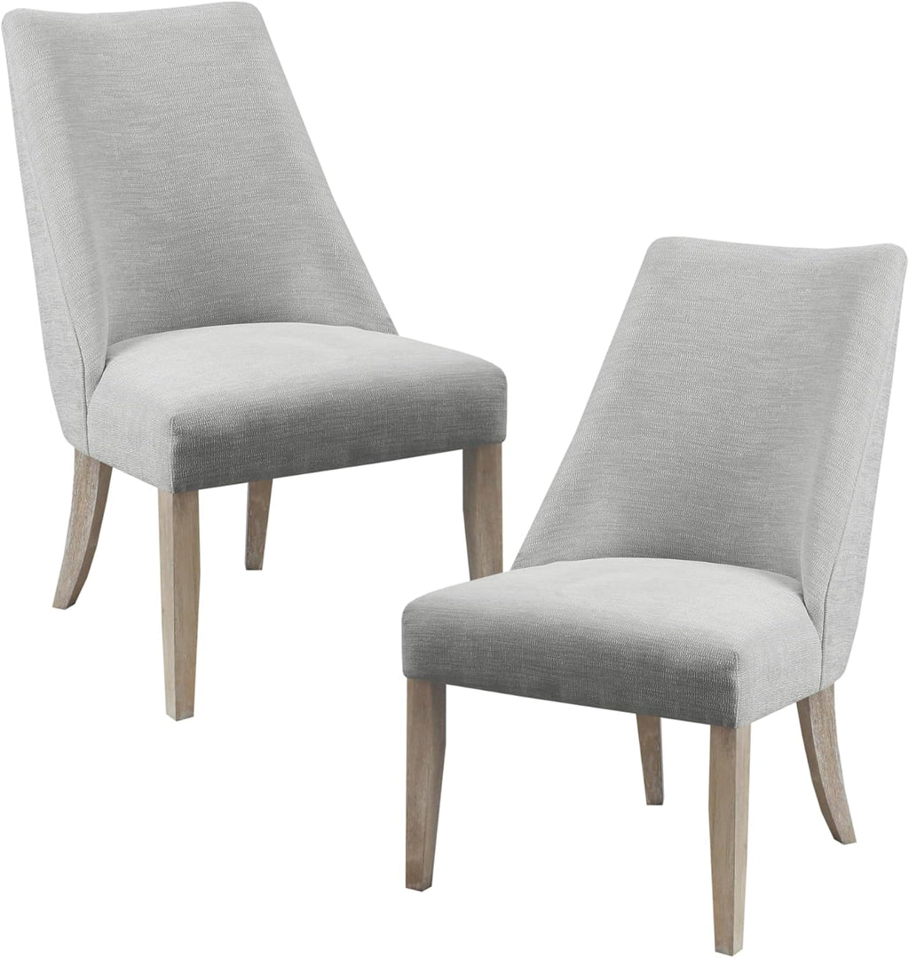 Martha Stewart Winfield Upholstered High Back Accent Dining Chairs Set of 2, Padded Seat, Solid Wood Legs, Chambray Jacquard Textured Fabric, Cottage, Farmhouse for Kitchen, Room, Light Grey