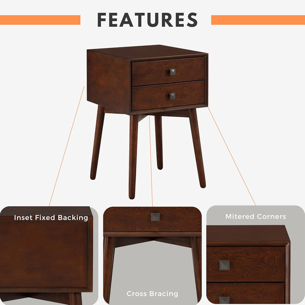 24/7 Shop at Home Goerge Mid-Century Modern Nightstand, Solid Rubber Wood Dresser, Small Bedside Tables with 2 Drawers, with Tapered Legs for Bedroom, Living Room, Home Office, Espresso Brown