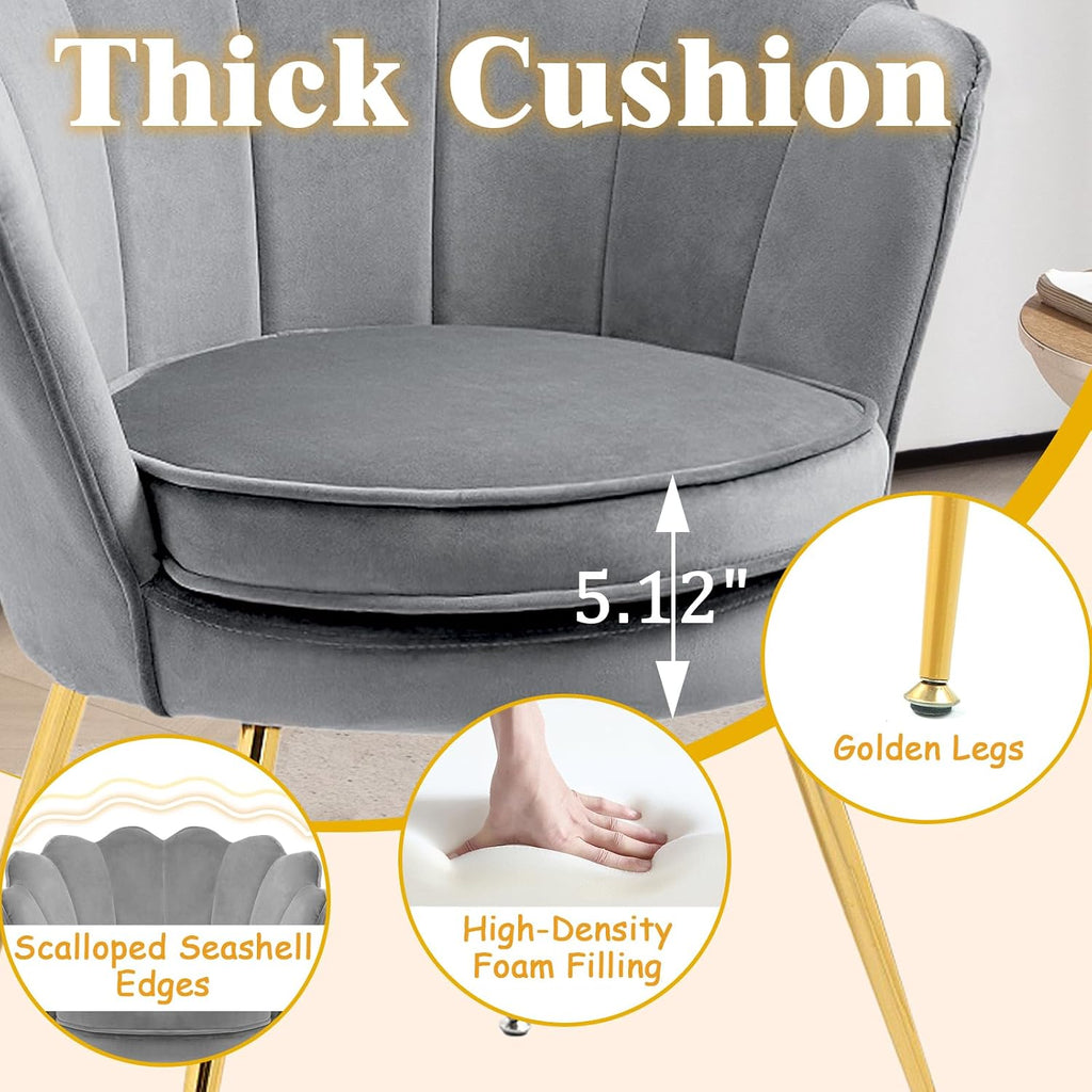 Czlolo Accent Chairs Set of 2 for Living Room, Velvet Upholstered Makeup Room Vanity Chair with Back, Golden Metal Legs Small Accent Side Chair for Bedroom, Cloud Chair Set, 2 Pcs Light Grey
