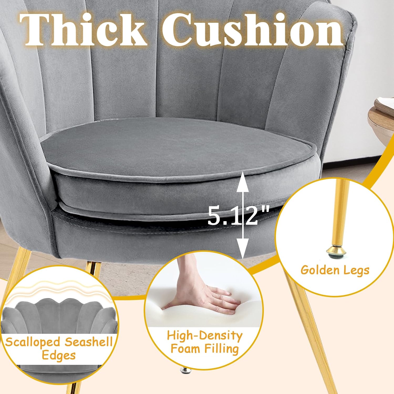 Czlolo Accent Chairs Set of 2 for Living Room, Velvet Upholstered Makeup Room Vanity Chair with Back, Golden Metal Legs Small Accent Side Chair for Bedroom, Cloud Chair Set, 2 Pcs Light Grey