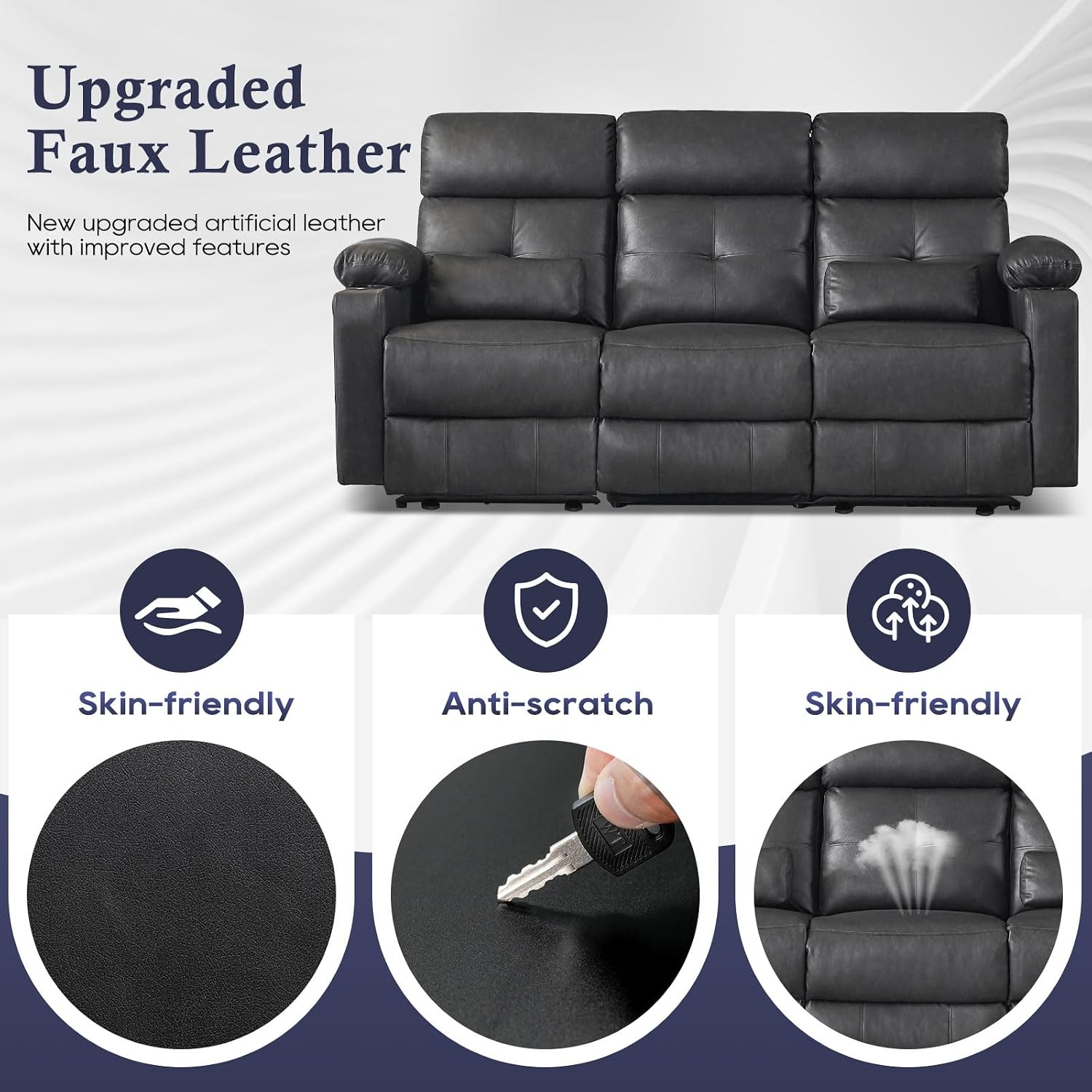 Power Reclining Sofa with Heat and Massage, Electtric Reclining Couch with Extended Footrest, Recliner Sofa 3 Seater with USB Ports, Cup Holders for Living Room, Home Seating