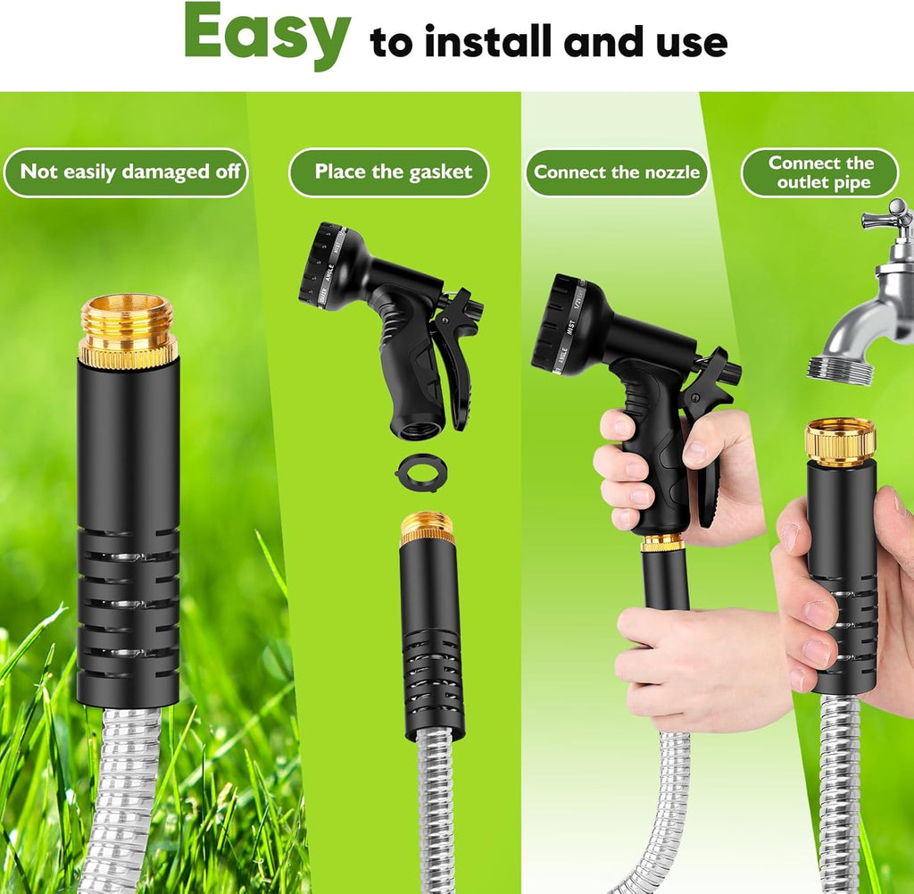 Garden Hose Metal 200FT, Stainless Steel Heavy Duty Water Hose With 10 Function Nozzle, No-Kink, Tough & Flexible, Sturdy and Lightweight, Rust Proof for Yard, Outdoor, RV