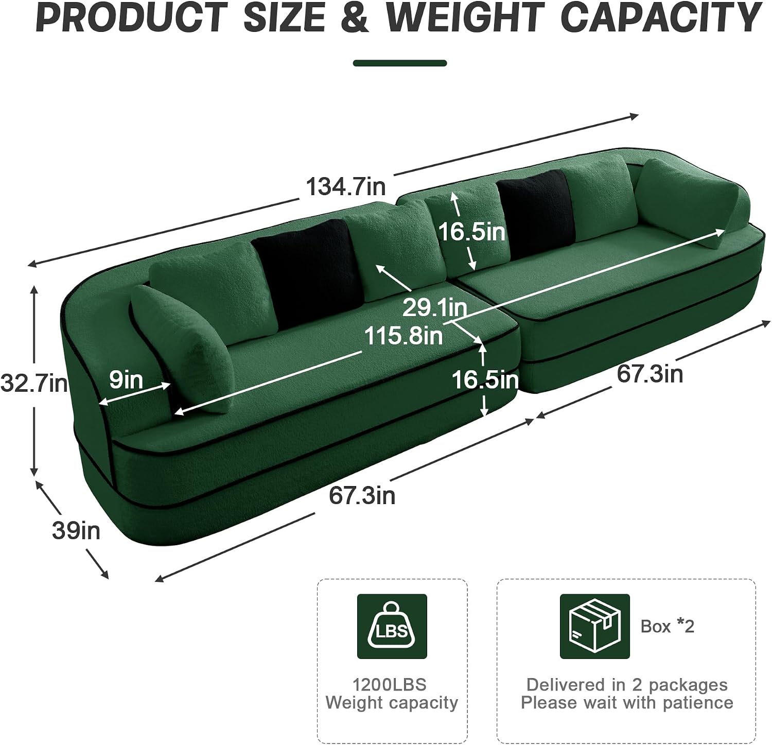 KEIKI Modular Boneless Sectional Teddy Couch with Full Chaise for Living Room, Oversized 135' Full Size Modern Luxury Sofa, for Weekend Lounging and Intimate Movie Nights, Deep Relaxation, Green