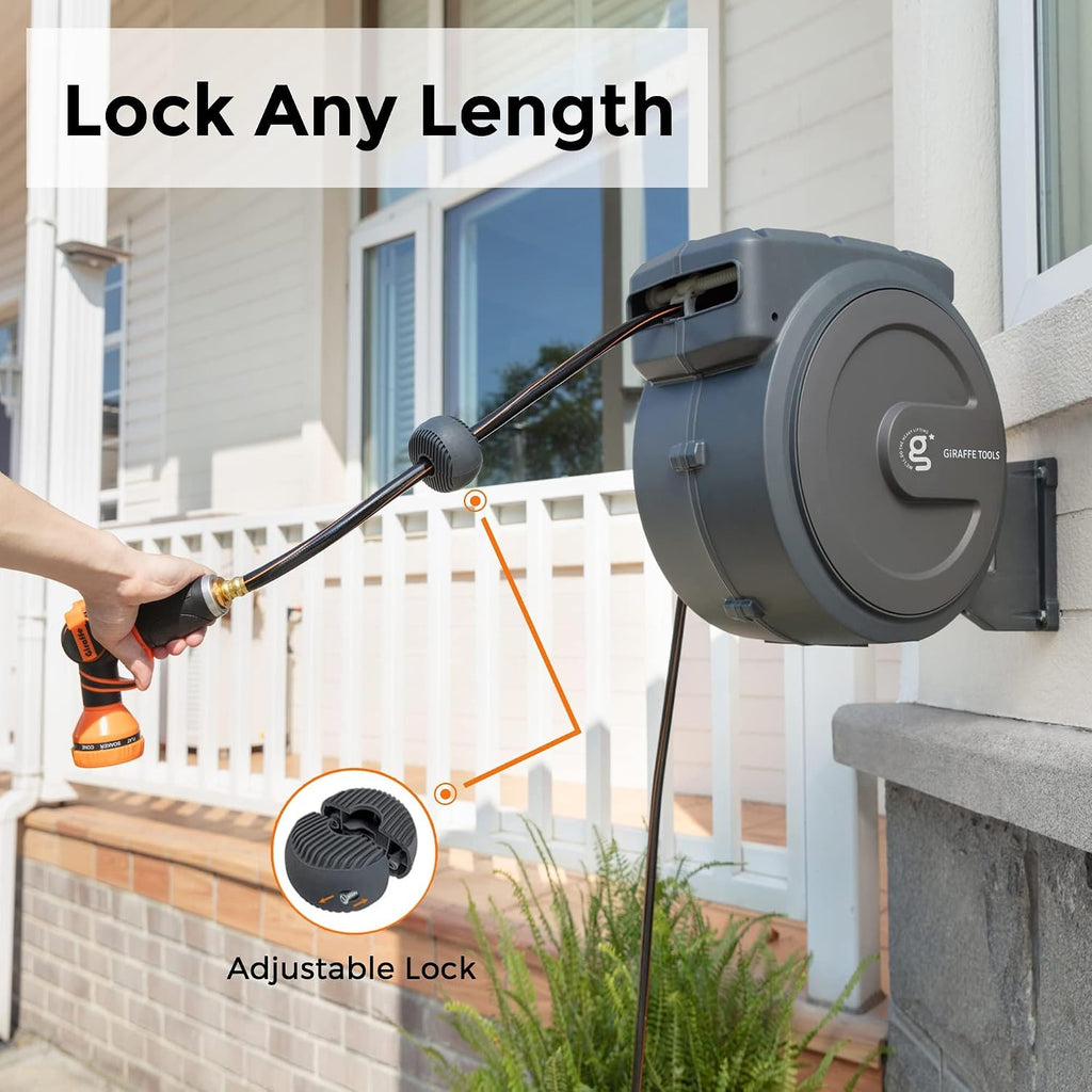 Giraffe Tools Hose Reel 1/2'' 78 ft, Heavy Duty Retractable Garden Hose Reel with Any Length Lock, Slow Return System, Wall Mounted and 180 Deg Swivel Bracket